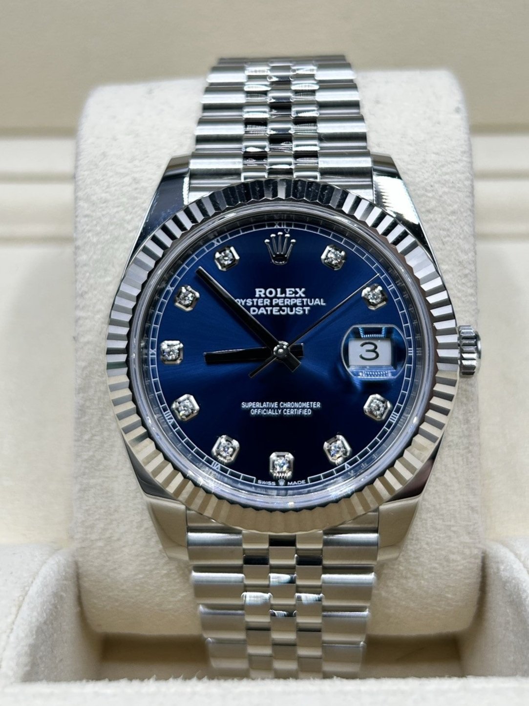 Rolex 126334 Datejust 41 Blue Set with Diamonds Dial Gold Bezel Jubilee WatchGuyNYC