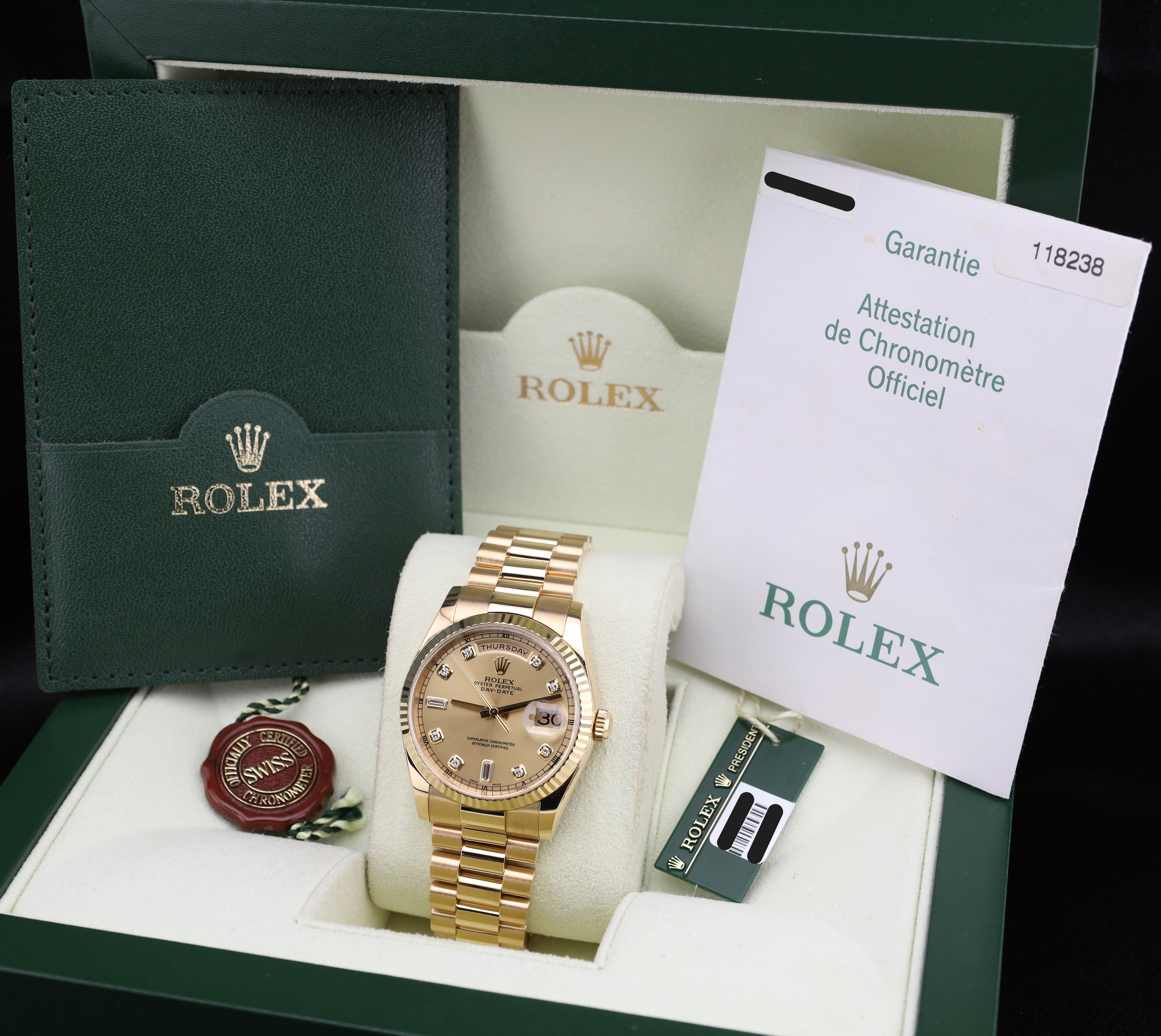 Rolex Day-Date 36mm President Champagne Diamond Dial 18K Yellow Gold 118238