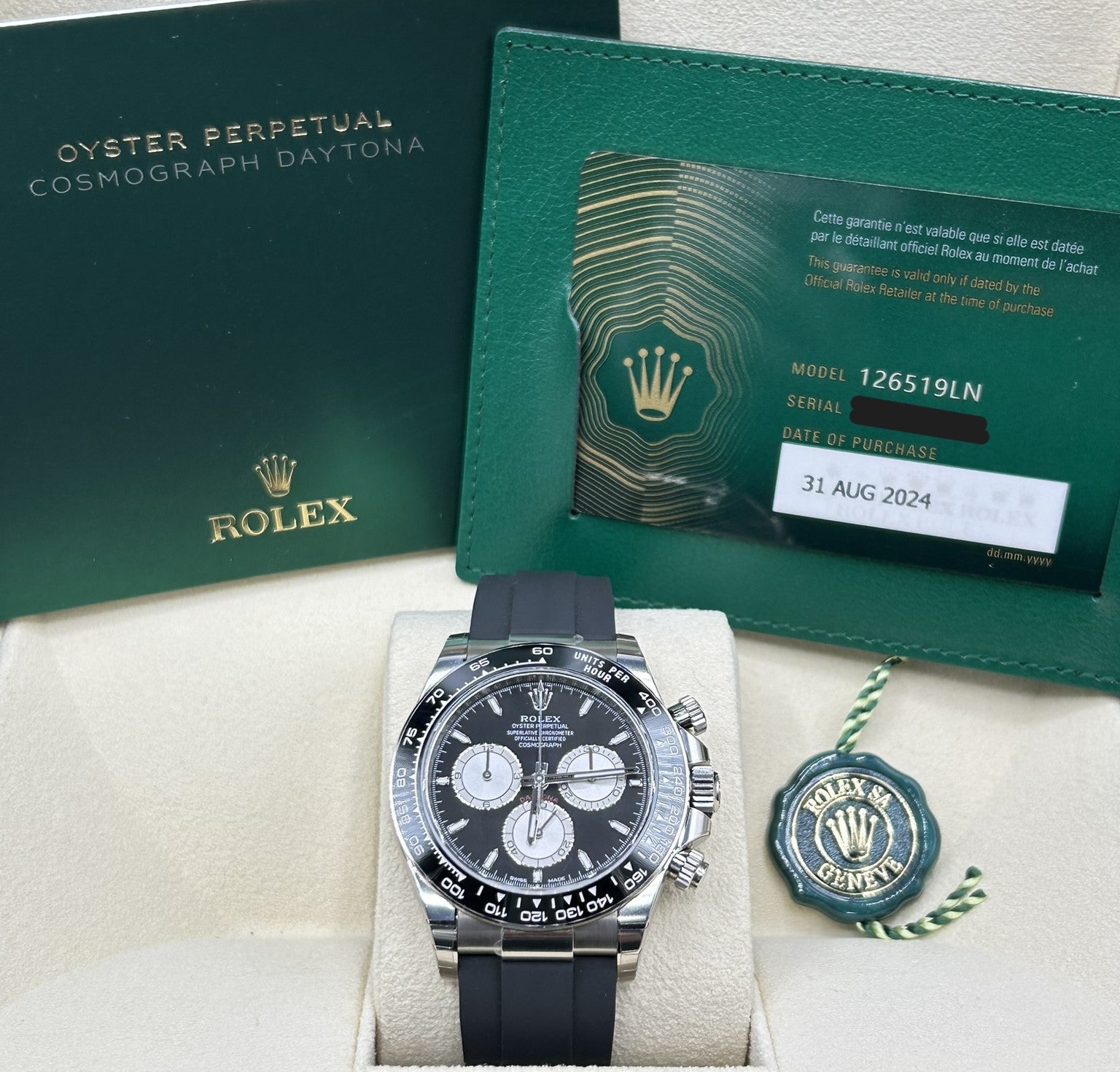 Rolex Daytona White Gold Oysterflex Black Dial 126519LN New 2024 Baby Le Mans