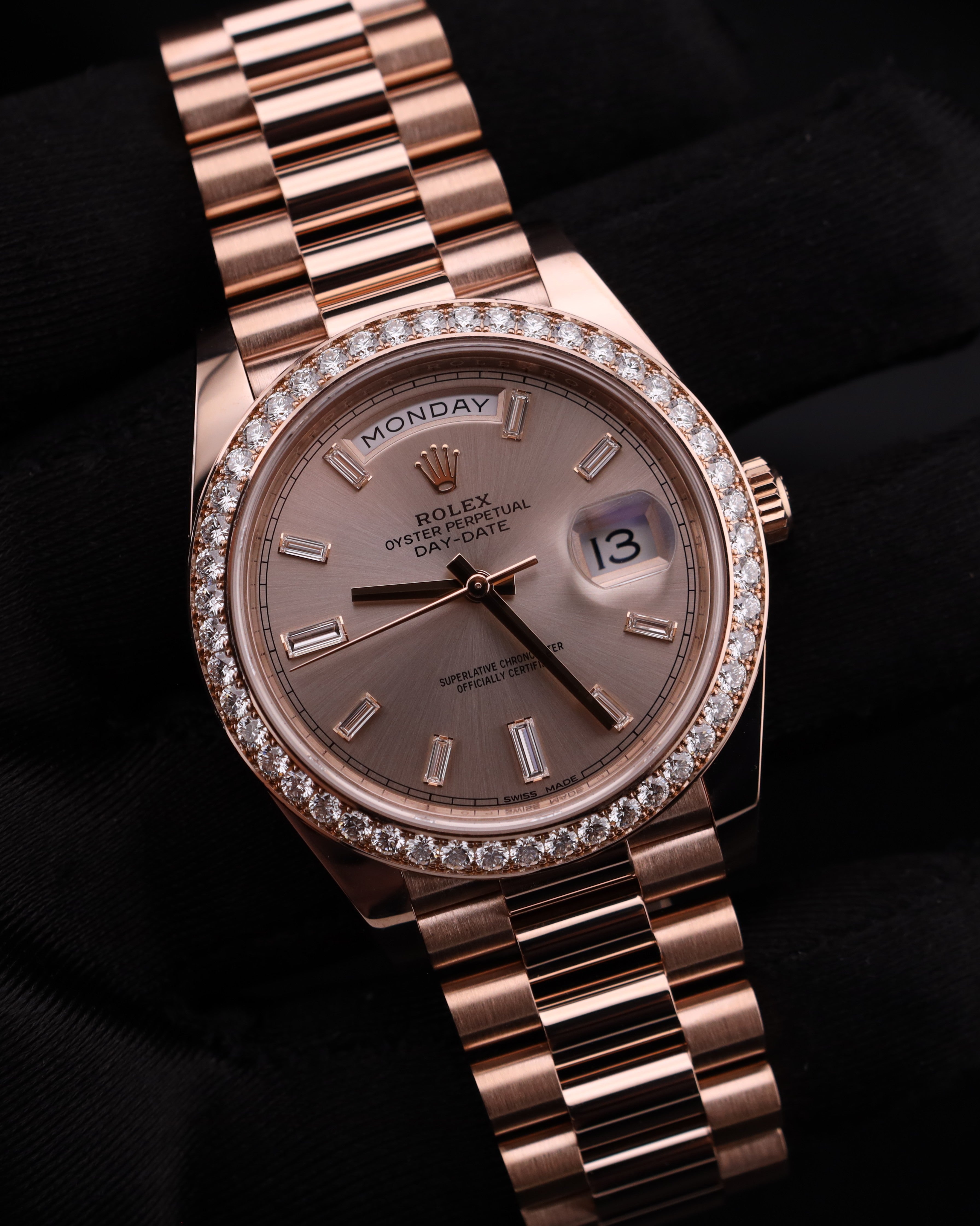 Rolex Day-Date 40 Baguette Sundust Pink Dial Diamond Bezel 228345RBR 