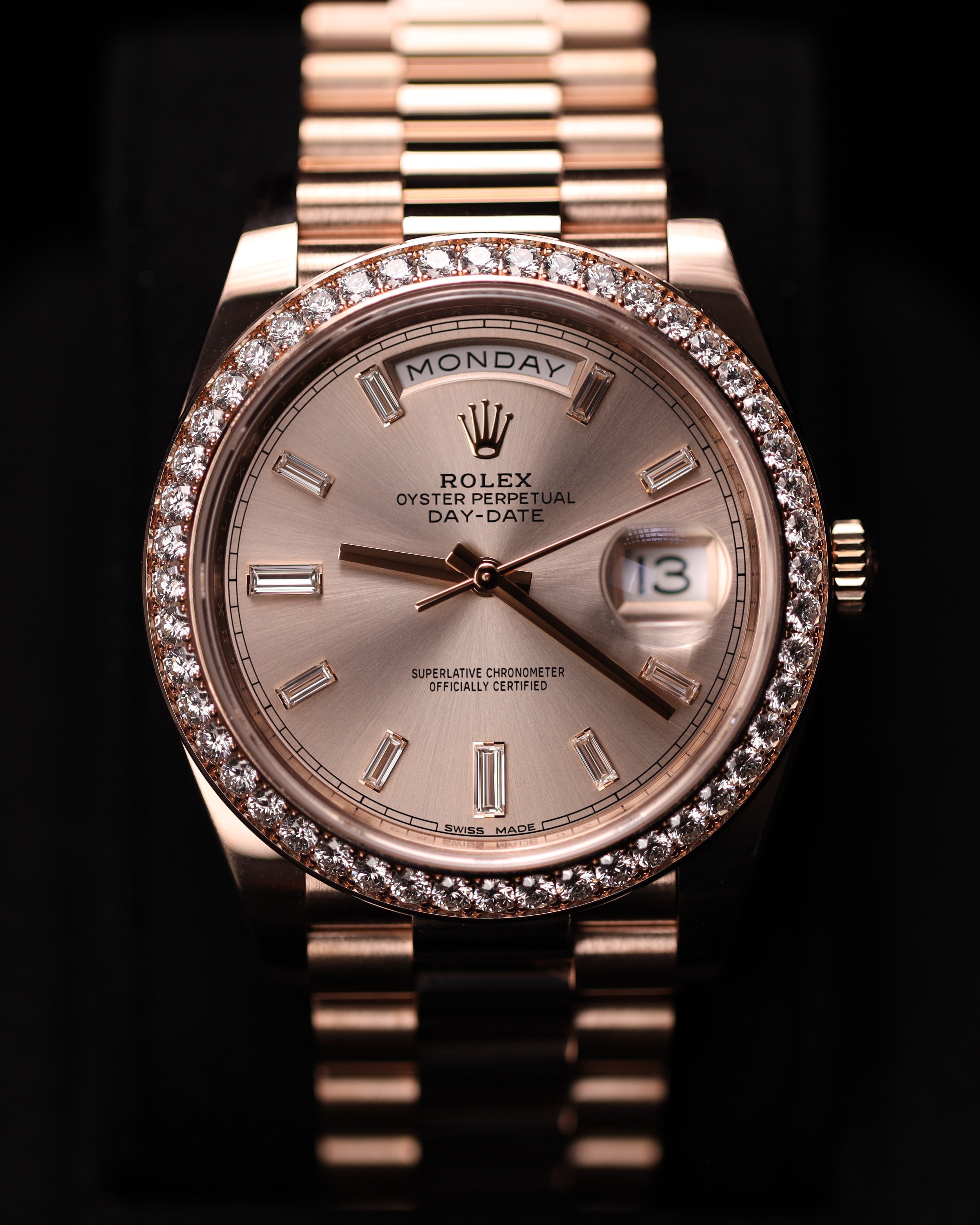 Rolex Day-Date 40 Baguette Sundust Pink Dial Diamond Bezel 228345RBR 