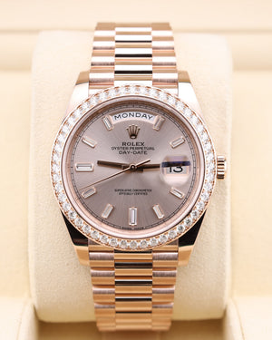 Rolex Day-Date 40 Baguette Sundust Pink Dial Diamond Bezel 228345RBR 