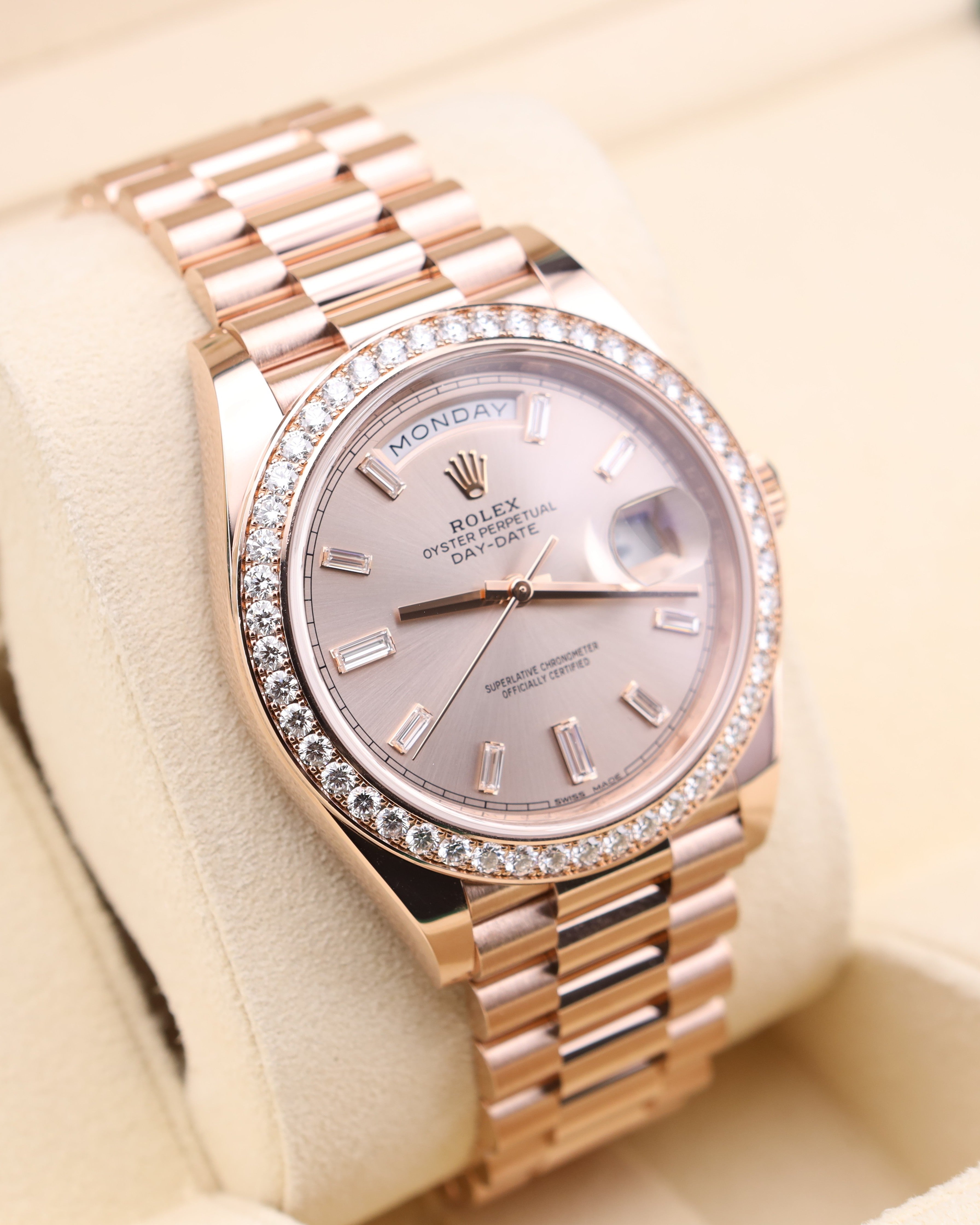 Rolex Day-Date 40 Baguette Sundust Pink Dial Diamond Bezel 228345RBR