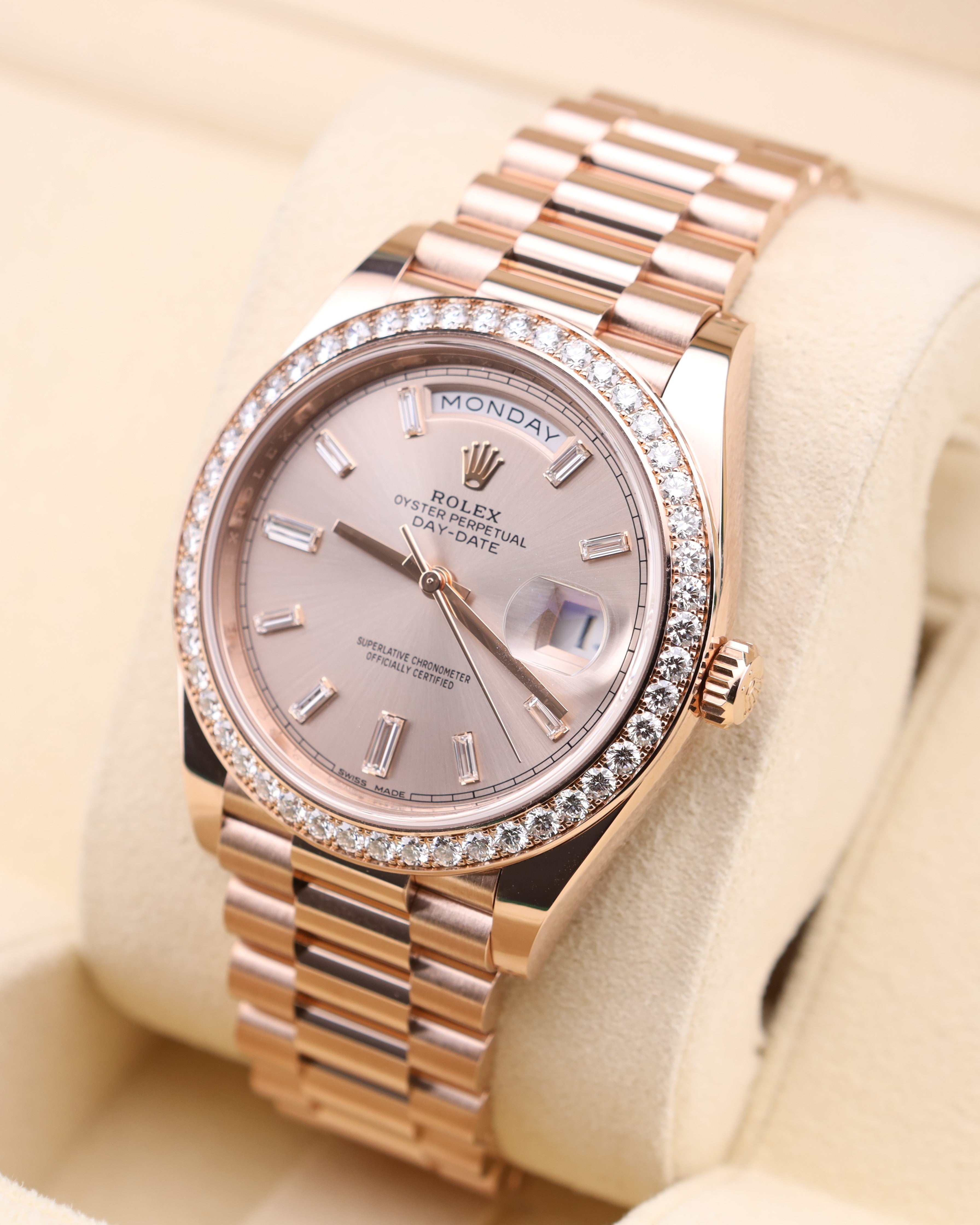 Rolex Day-Date 40 Baguette Sundust Pink Dial Diamond Bezel 228345RBR