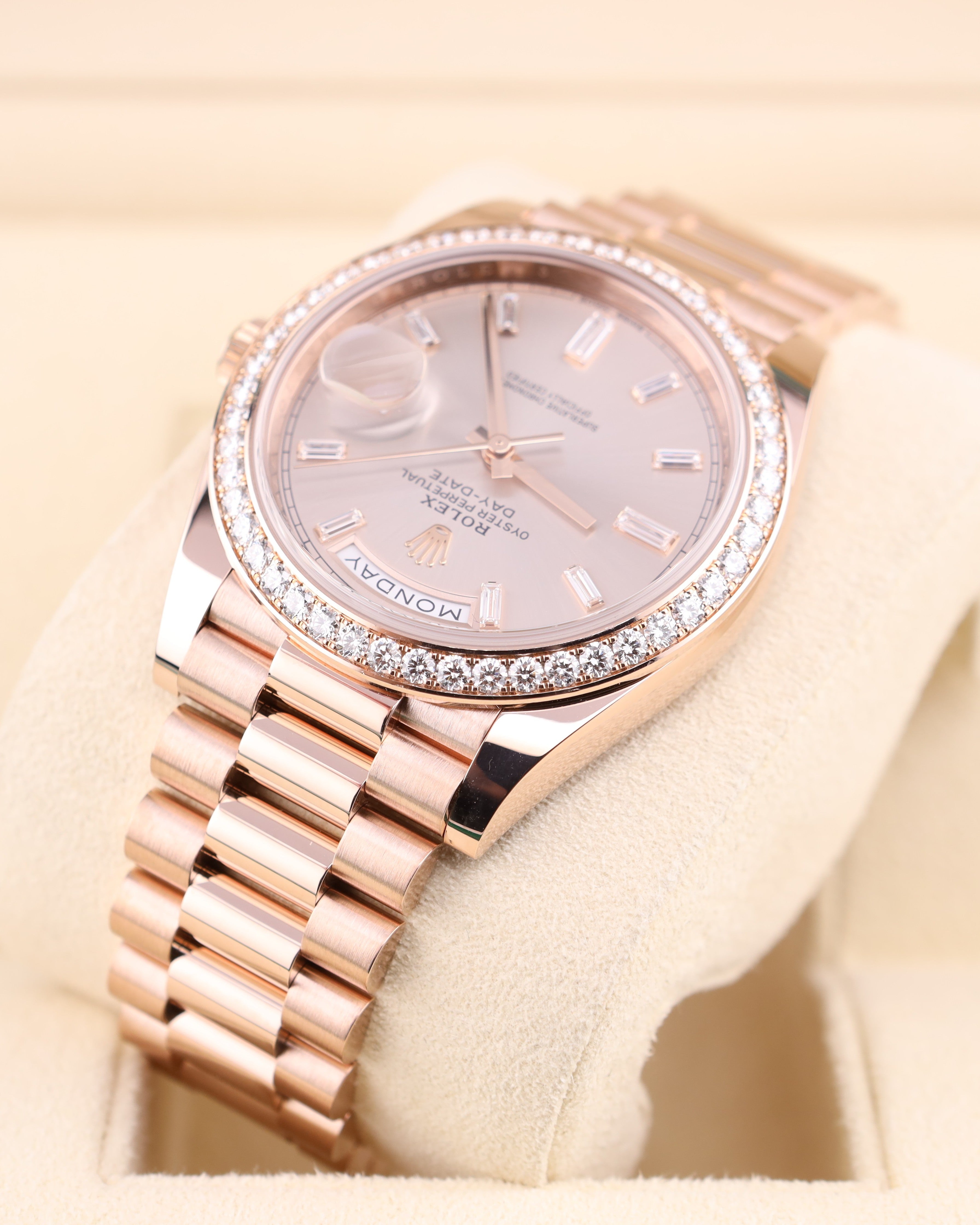 Rolex Day-Date 40 Baguette Sundust Pink Dial Diamond Bezel 228345RBR