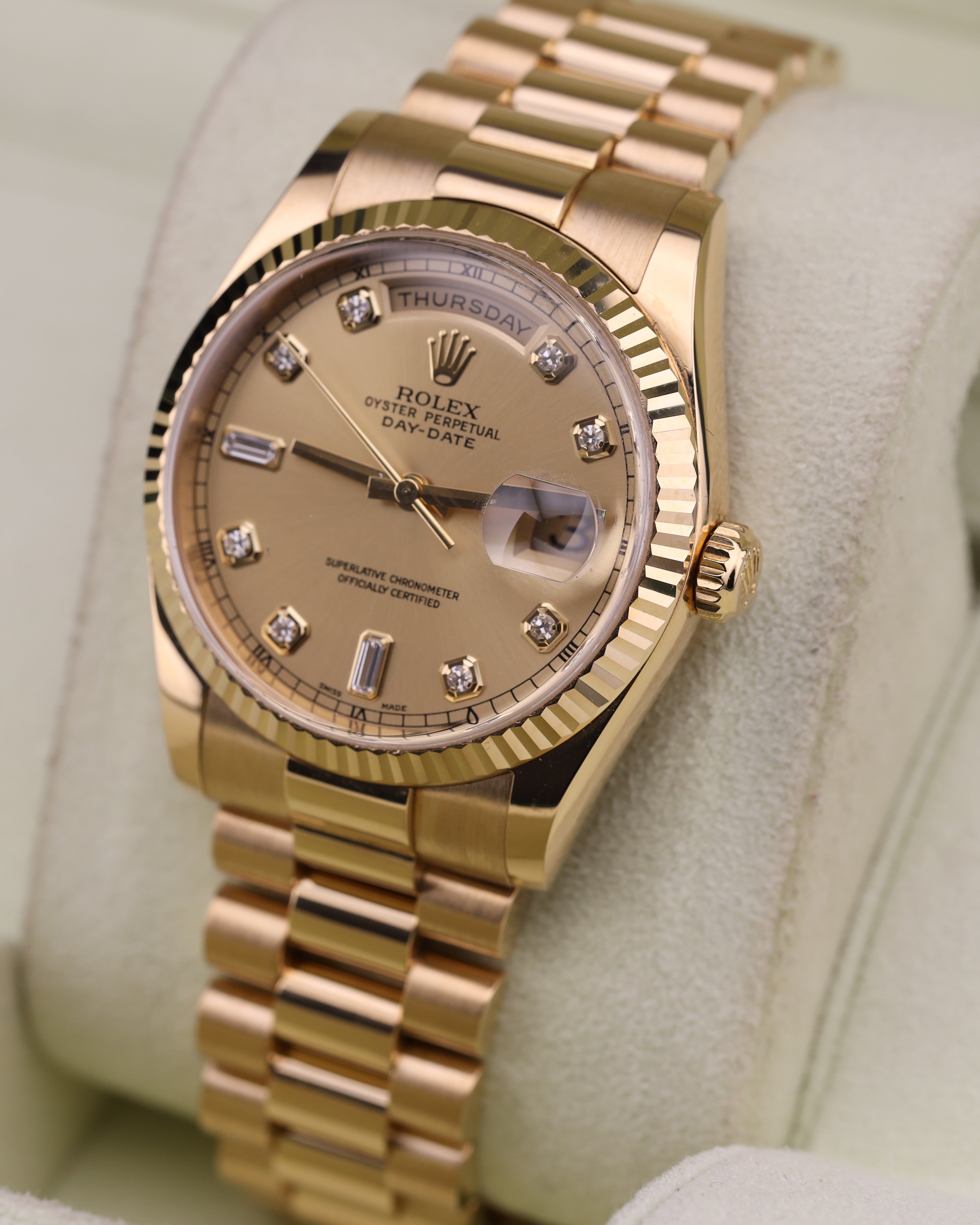 Rolex Day-Date 36mm President Champagne Diamond Dial 18K Yellow Gold 118238