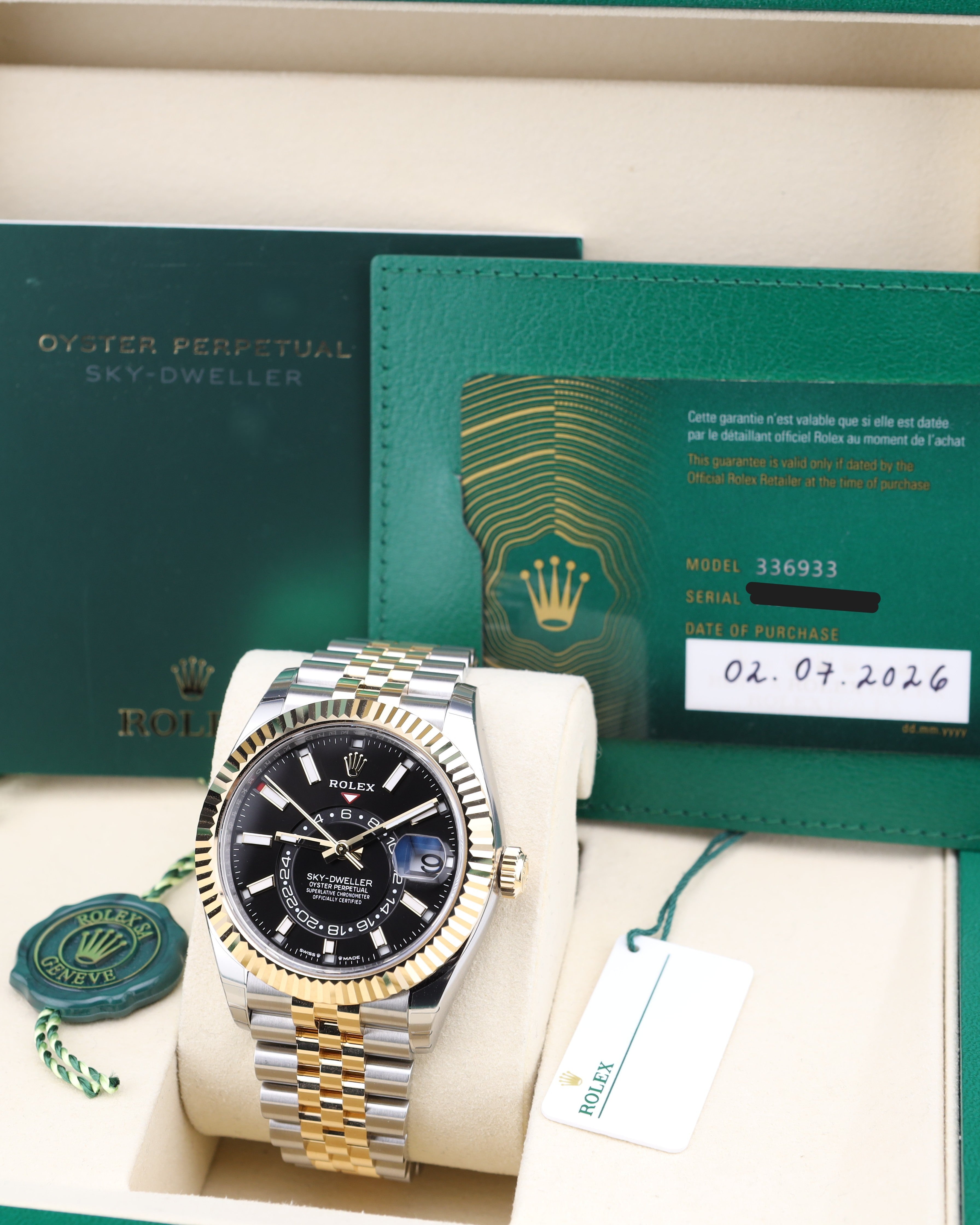 Rolex Sky-Dweller 2026 Factory Stickers Black Dial Two Tone Jubilee Fluted Bezel 336933 July 2026 Full Set