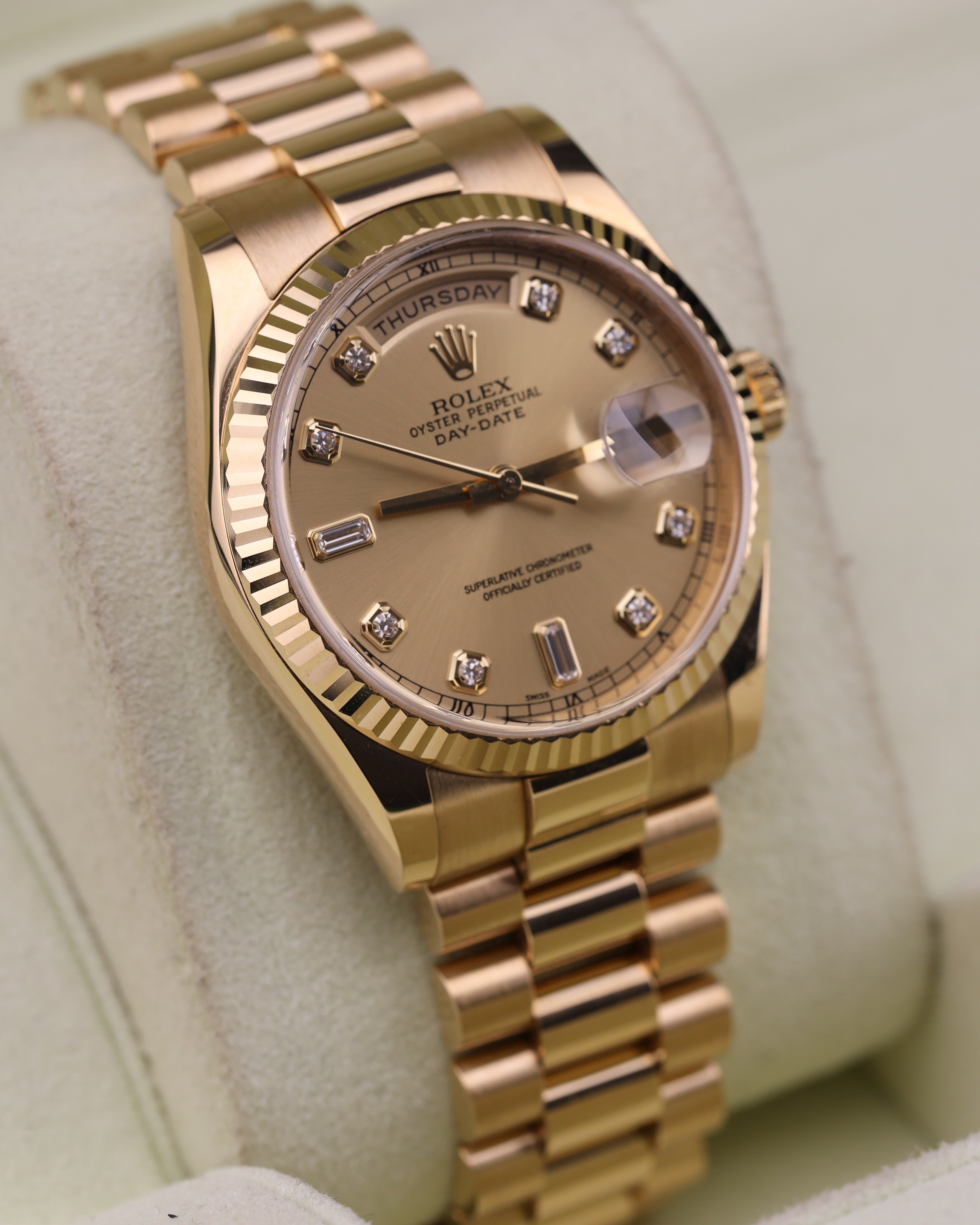 Rolex Day-Date 36mm President Champagne Diamond Dial 18K Yellow Gold 118238