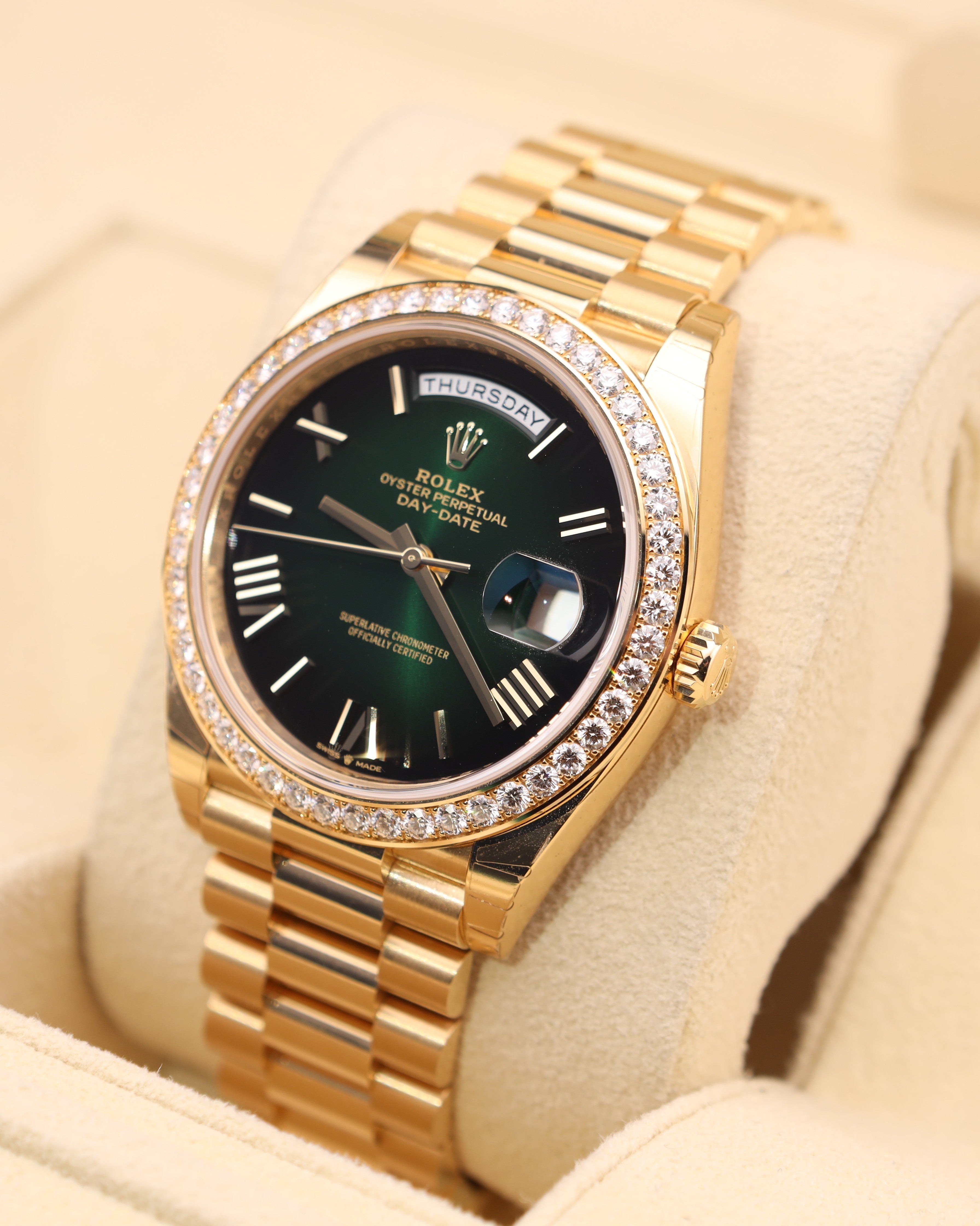 Rolex Day-Date 40 Green Ombre Presidential Diamond Bezel 228348RBR Factory Stickers