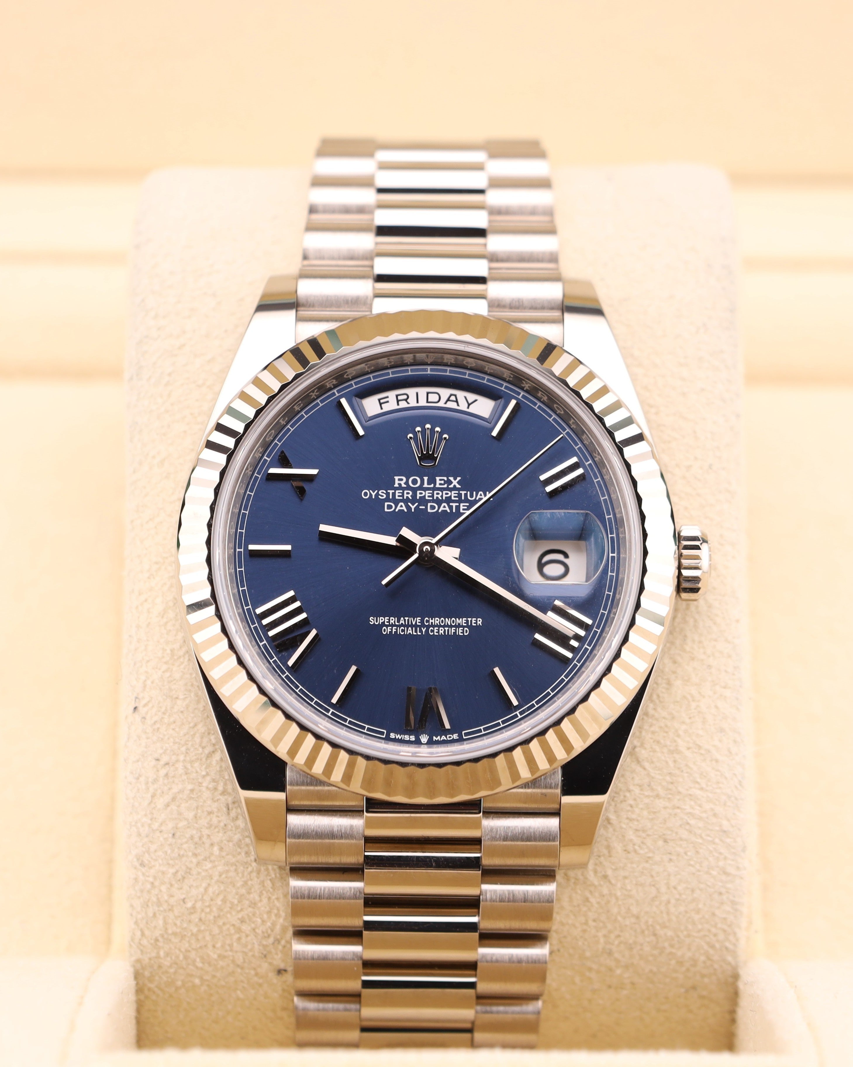 Rolex Day-Date 40 Blue Roman Dial White Gold President Bracelet