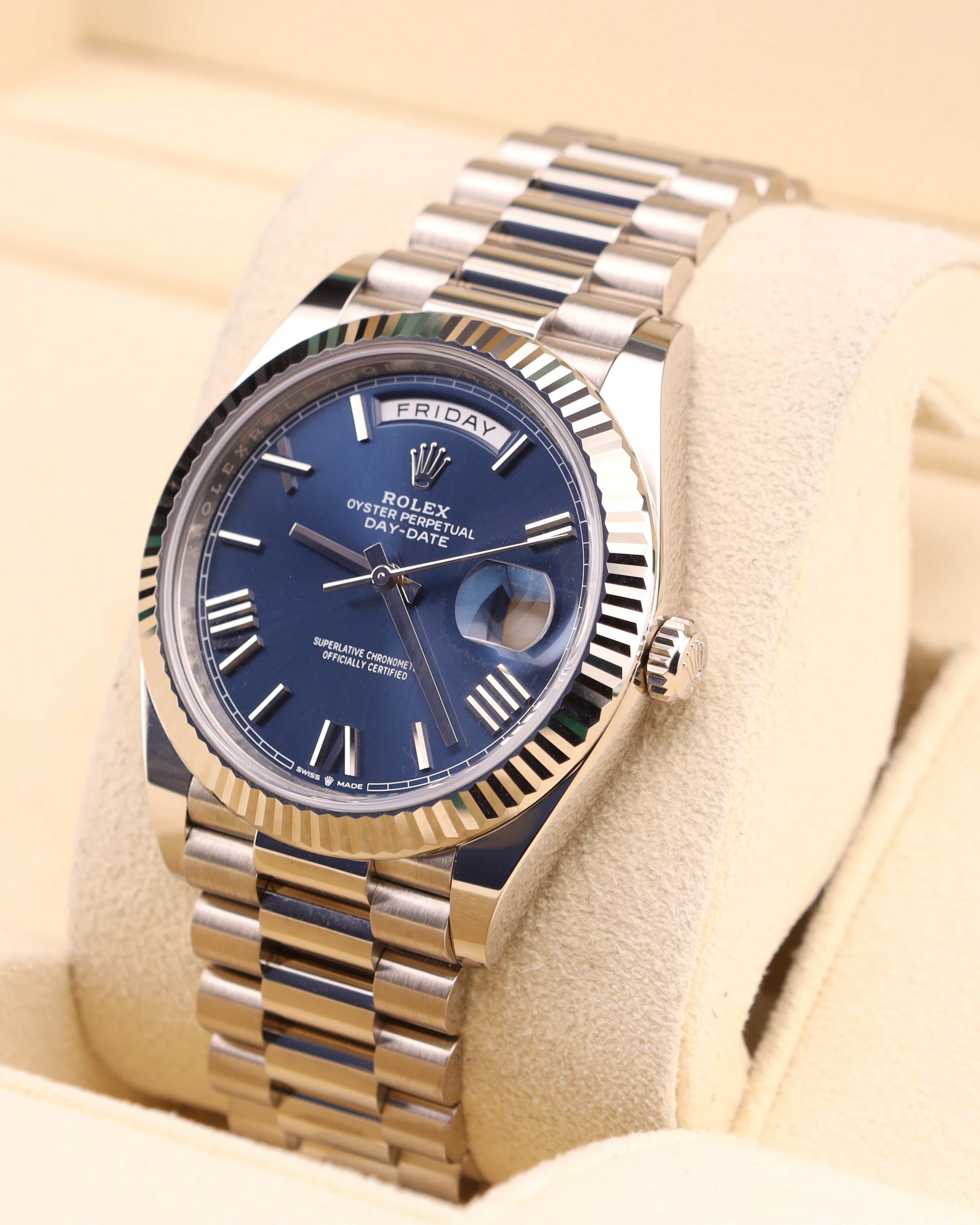 Rolex Day-Date 40 Blue Roman Dial White Gold President Bracelet 228239