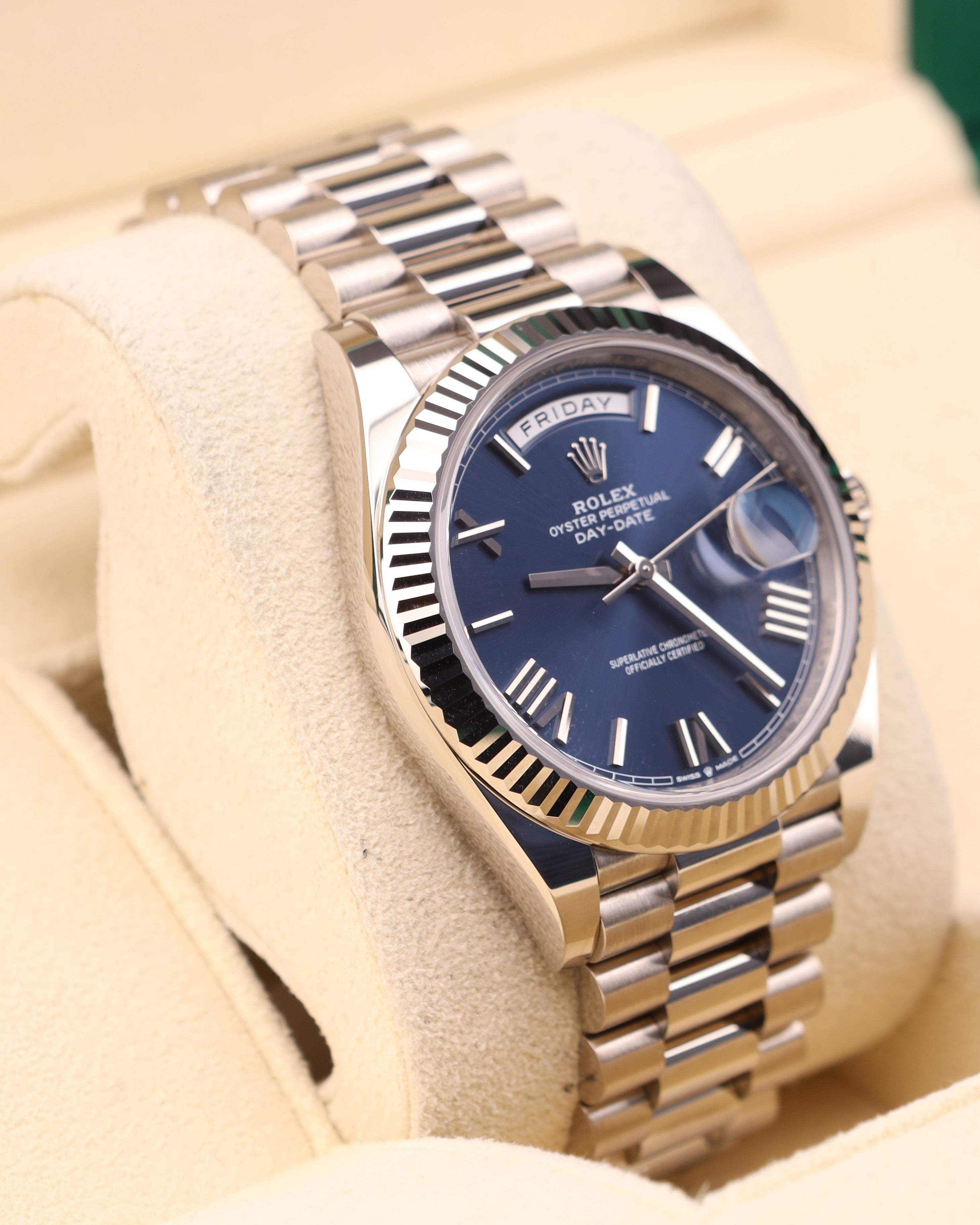 Rolex Day-Date 40 Blue Roman Dial White Gold President Bracelet 228239