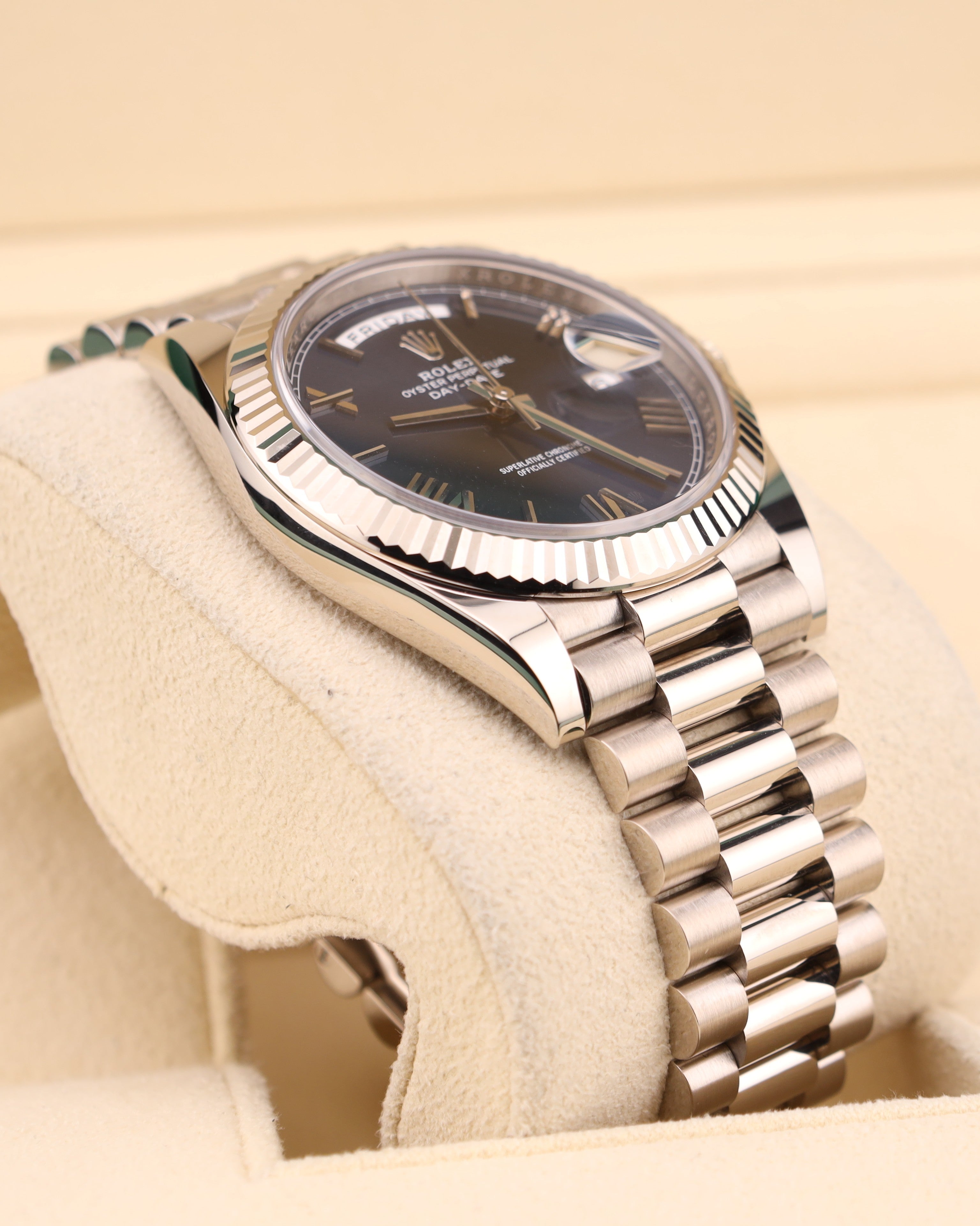 Rolex Day-Date 40 Blue Roman Dial White Gold President Bracelet 228239