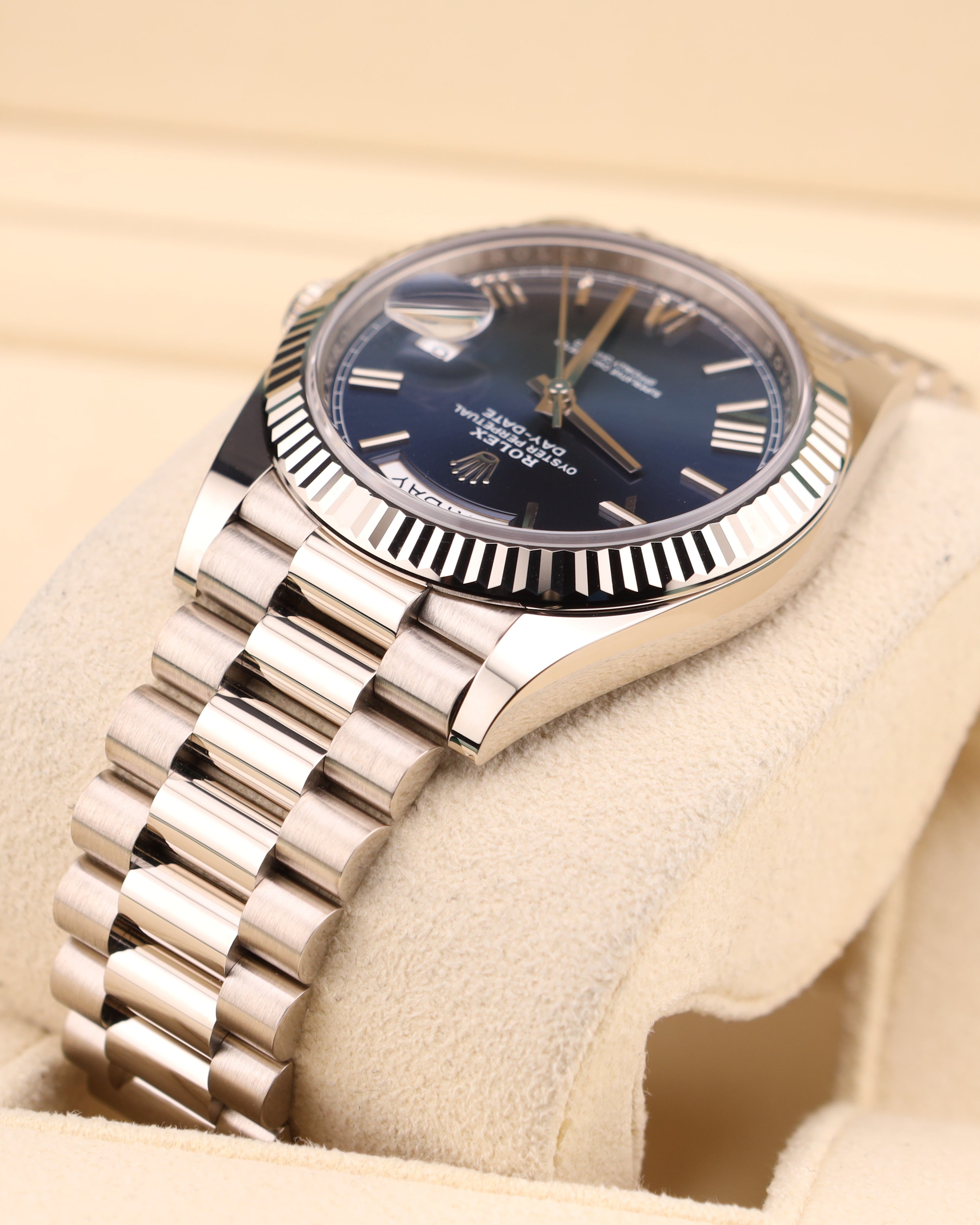 Rolex Day-Date 40 Blue Roman Dial White Gold President Bracelet 228239