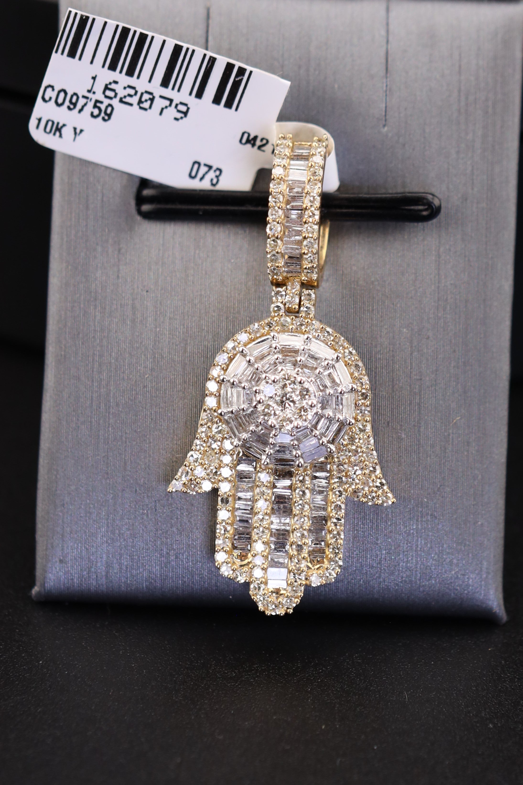 10KT Yellow Gold Baguette Diamond Hamsa Pendant with 1.7ct Diamonds