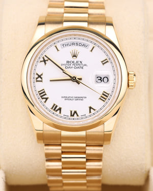 Rolex Day-Date 36 White Roman Dial Yellow Gold President Smooth Bezel 118208