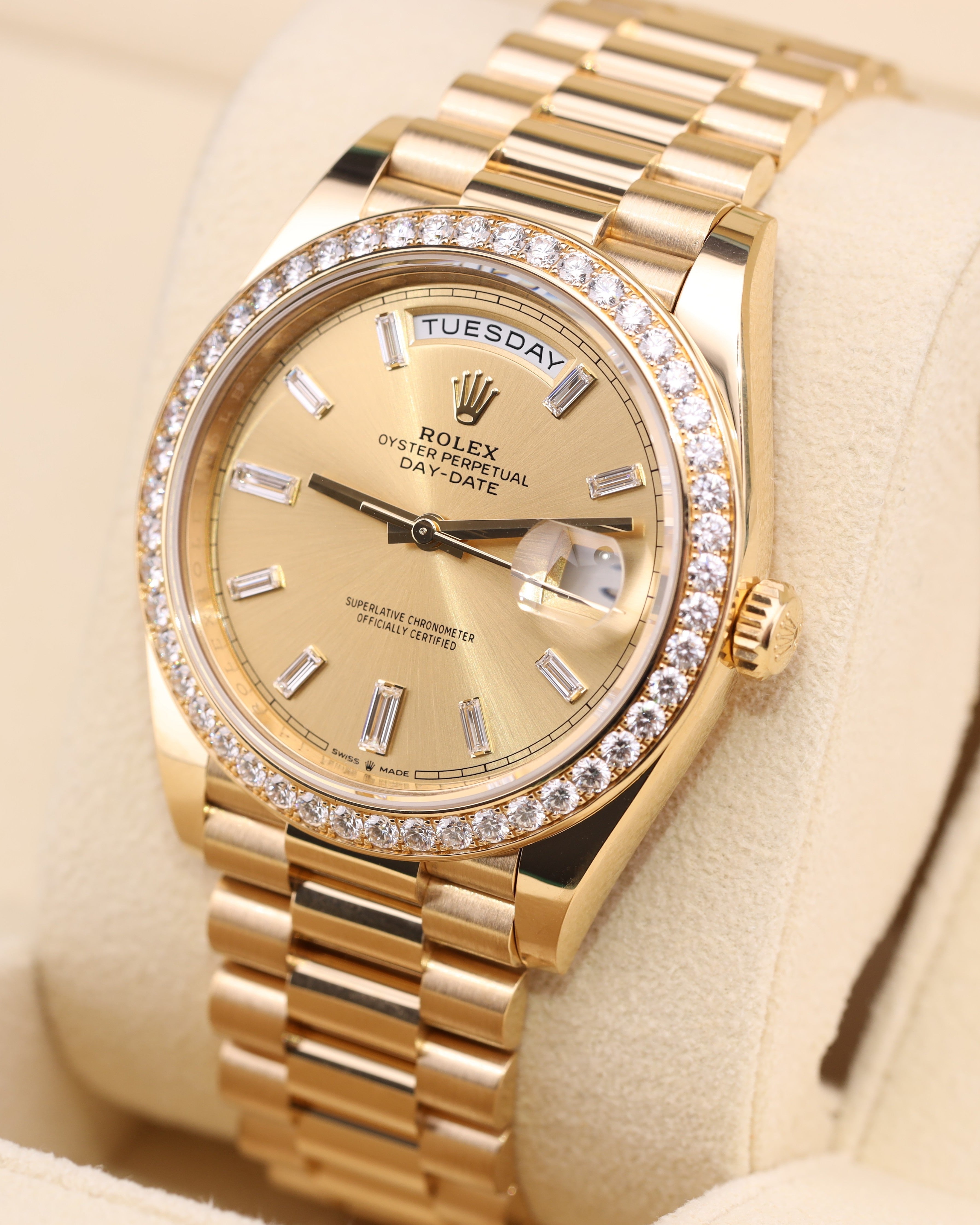 Rolex Day-Date 40 Champagne Baguette Dial Diamond Bezel Presidential 228348RBR