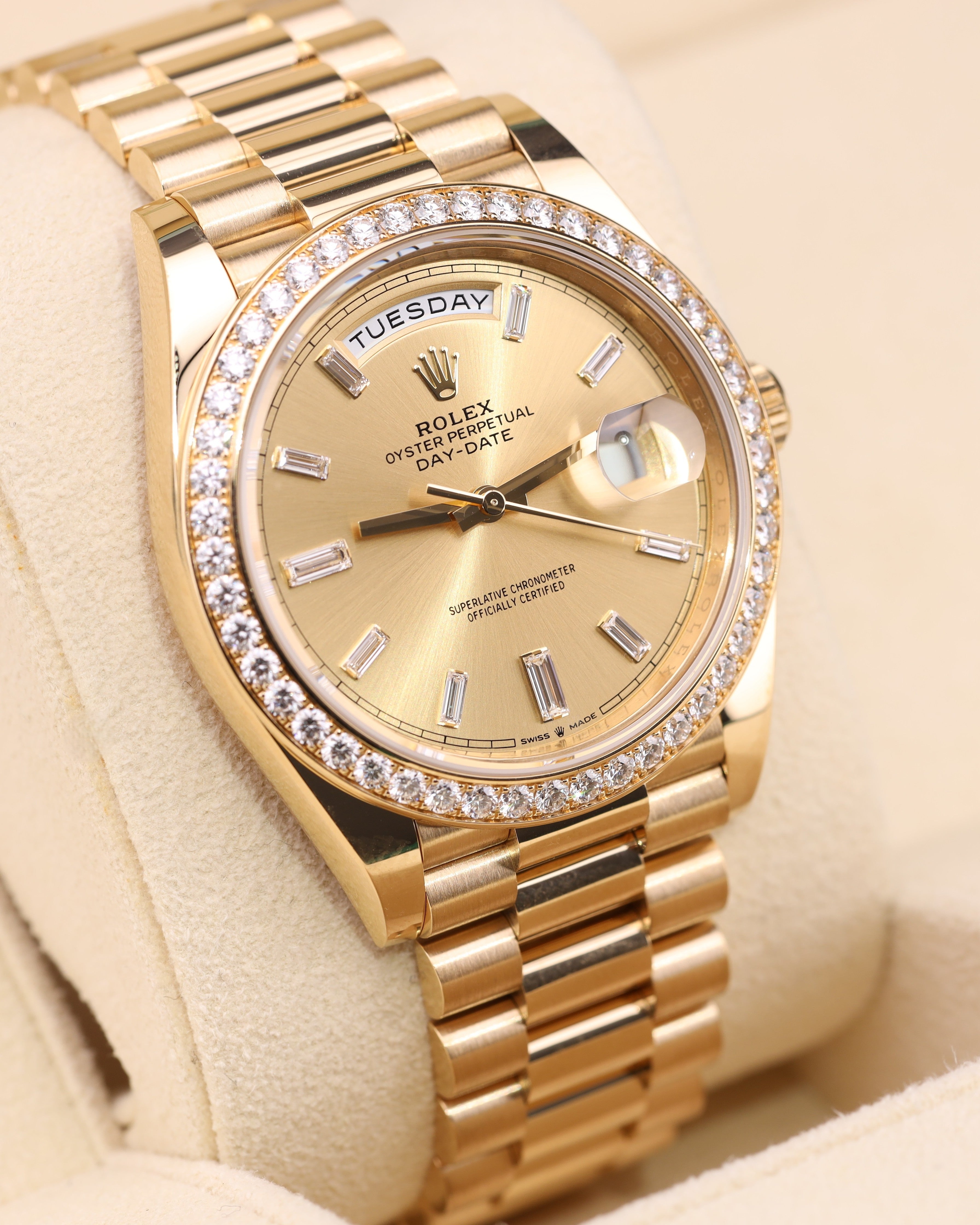 Rolex Day-Date 40 Champagne Baguette Dial Diamond Bezel Presidential 228348RBR