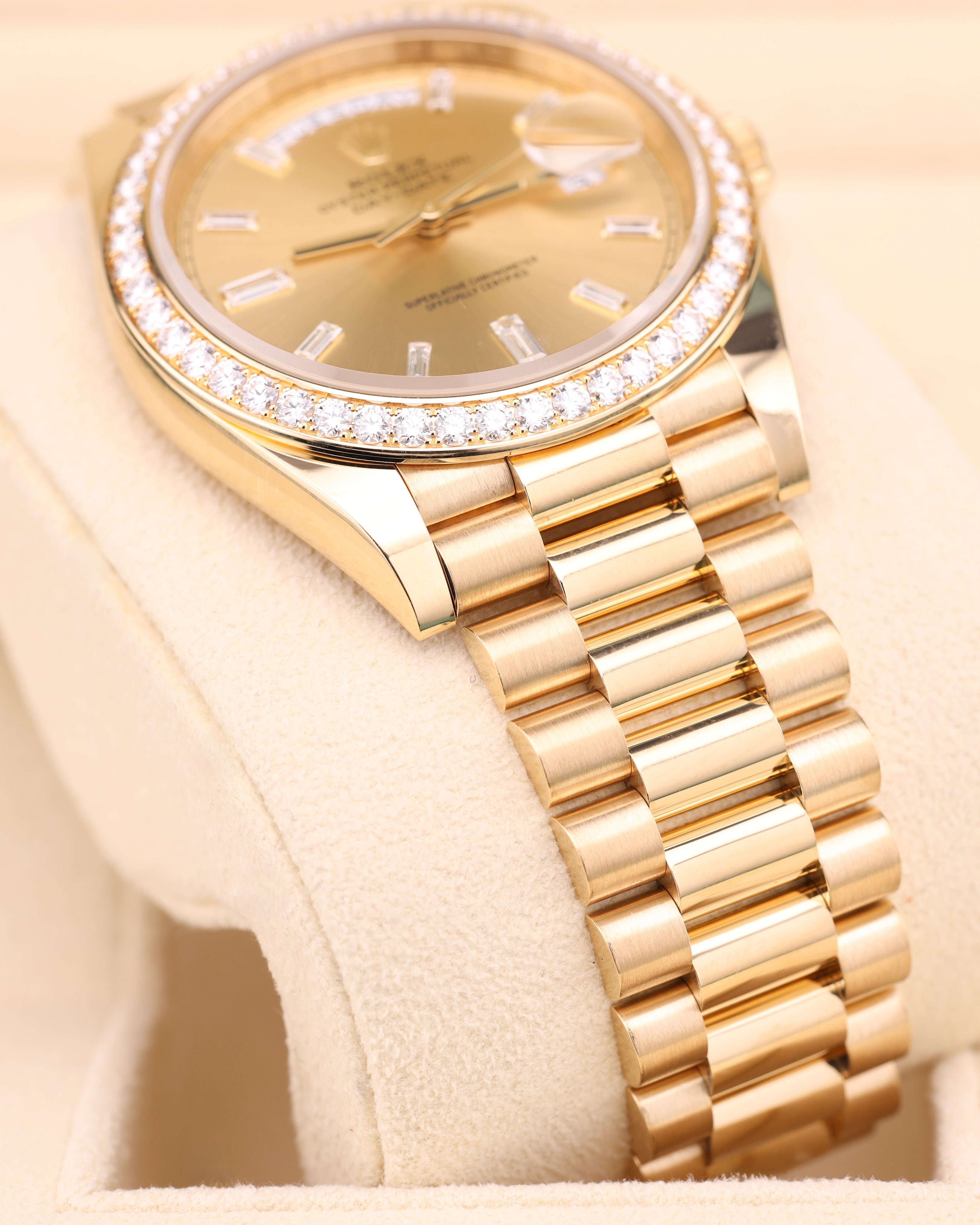 Rolex Day-Date 40 Champagne Baguette Dial Diamond Bezel Presidential 228348RBR