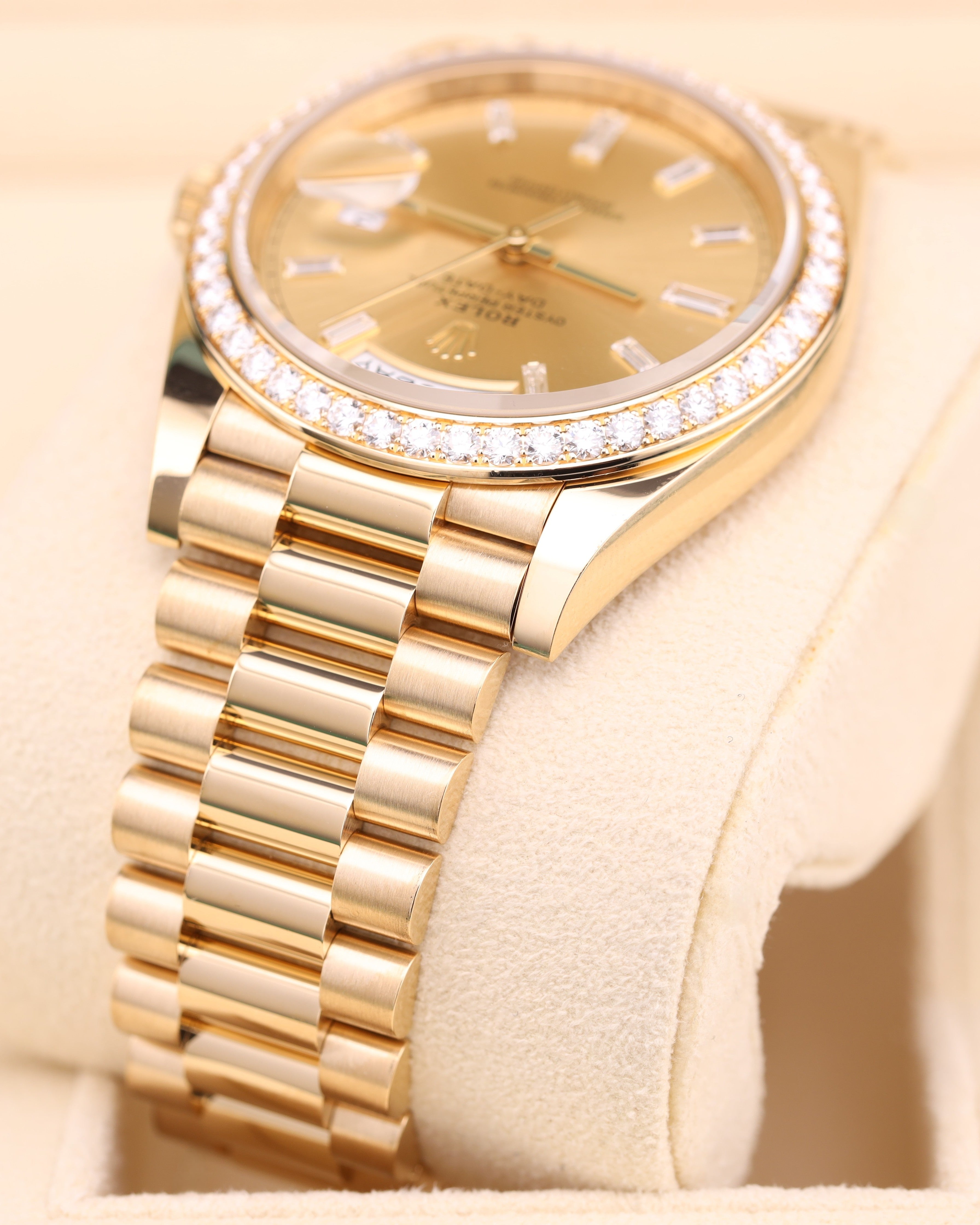 Rolex Day-Date 40 Champagne Baguette Dial Diamond Bezel Presidential 228348RBR