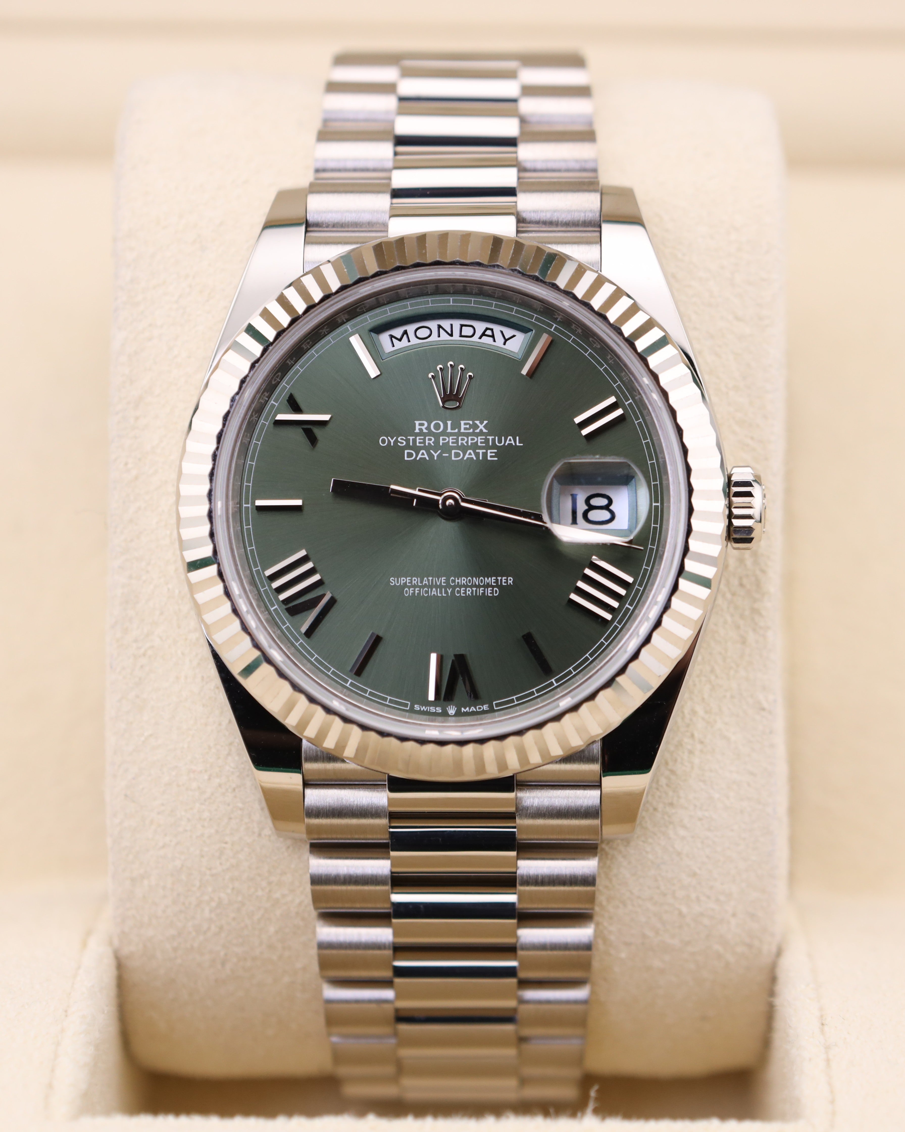 Rolex Day-Date 40 White Gold Olive Green Roman Dial 228239 – MVP