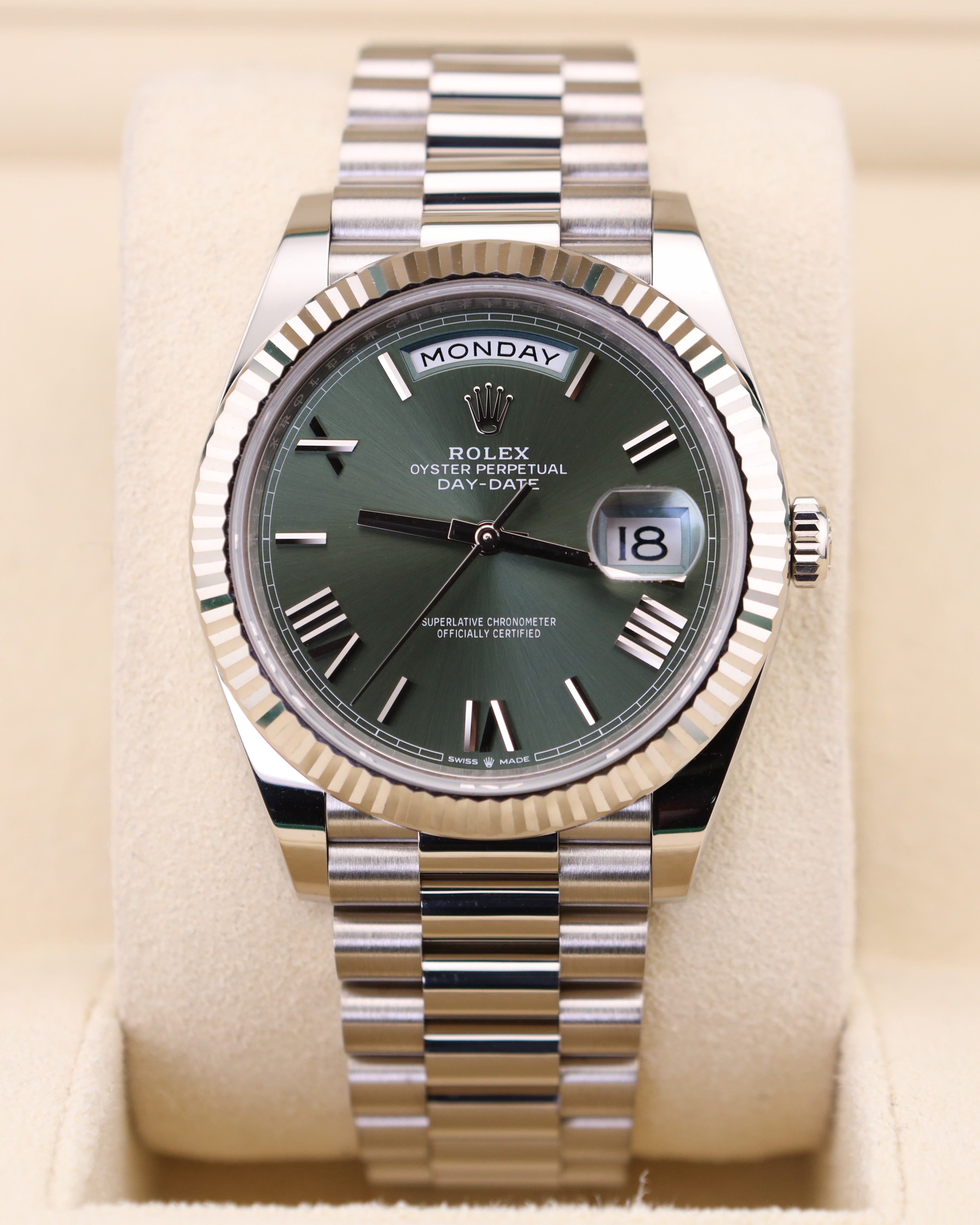 Rolex Day-Date 40 White Gold Olive Green Roman Dial 228239 – MVP
