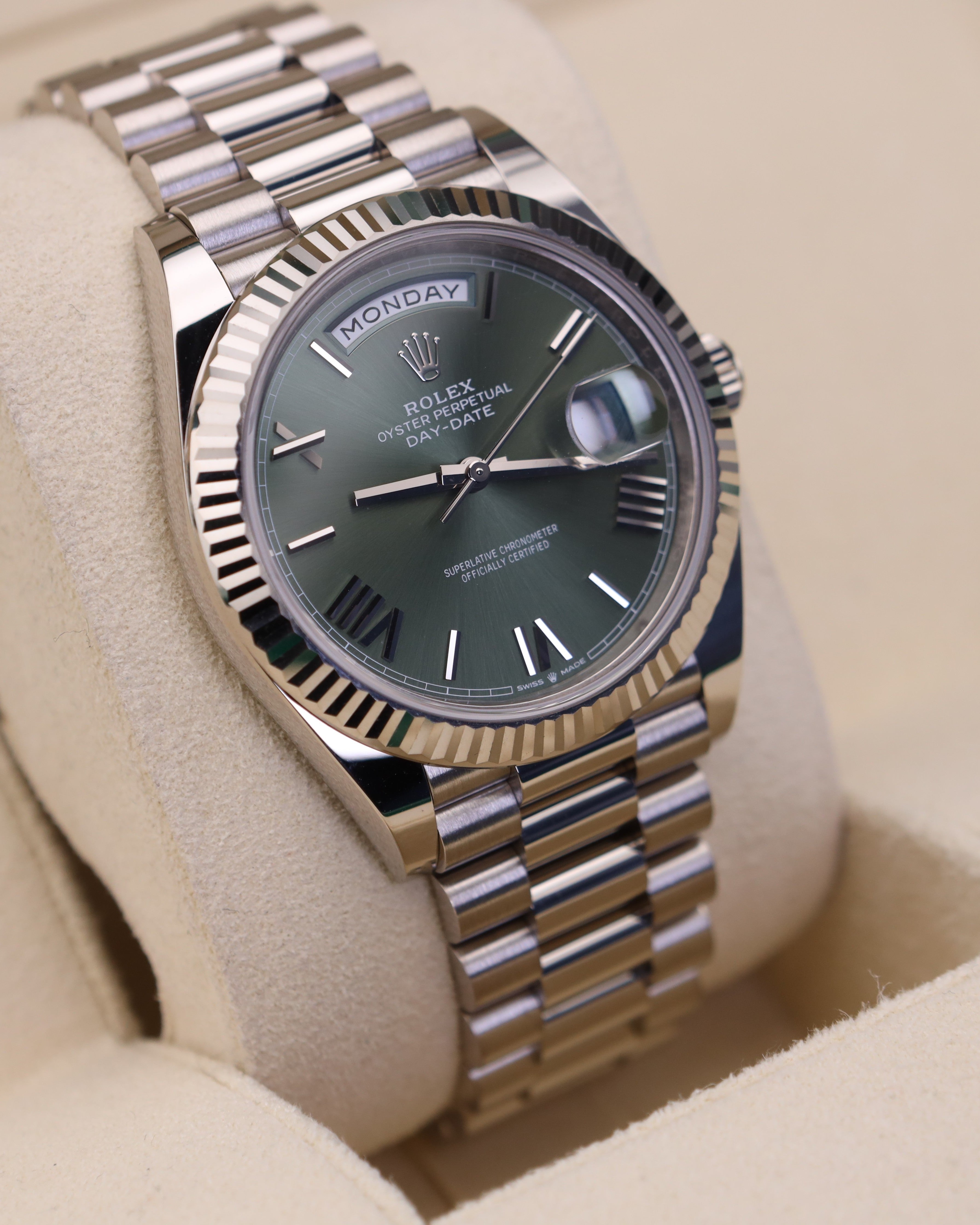 Rolex Day-Date 40 White Gold Olive Green Roman Dial 228239