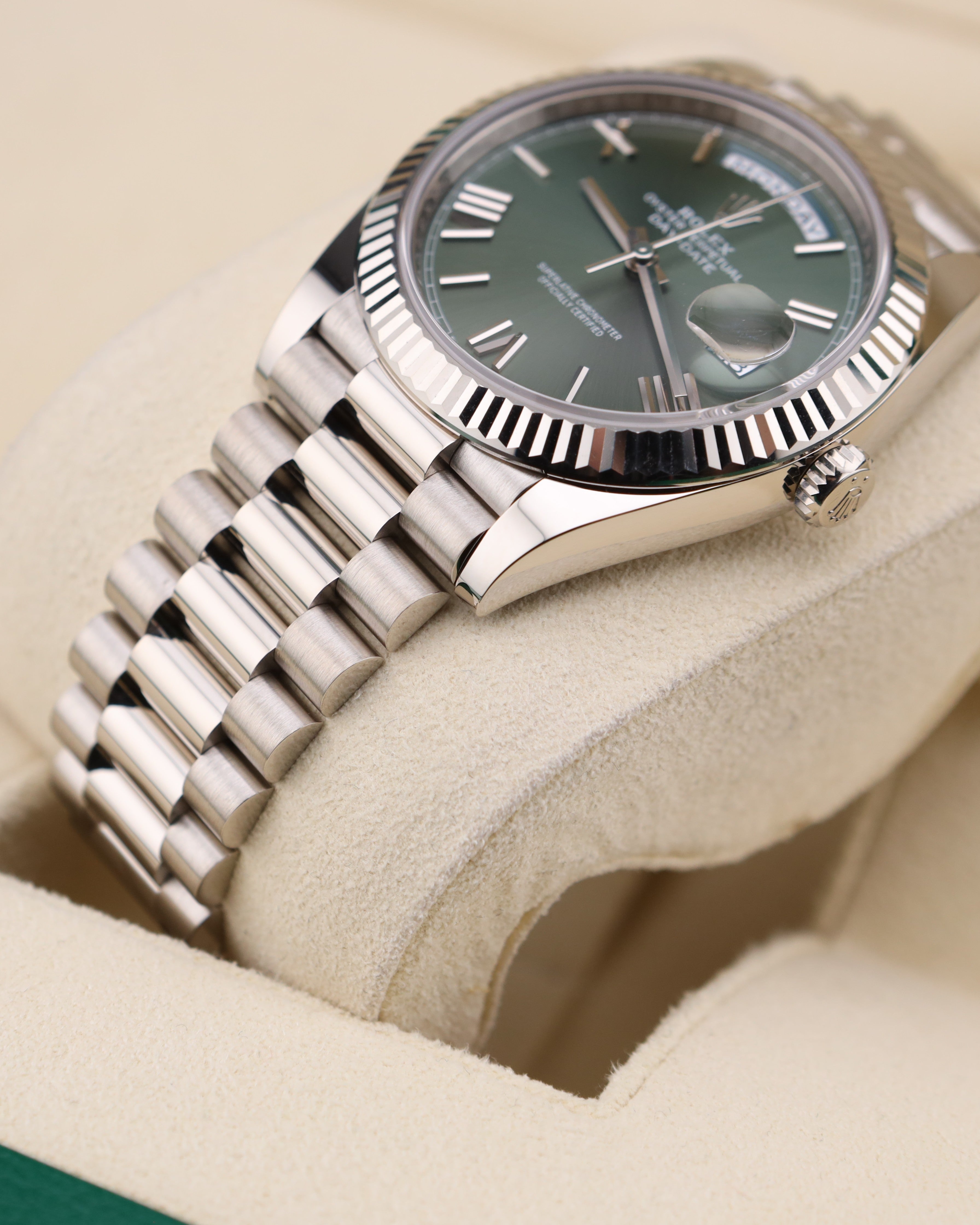 Rolex Day-Date 40 White Gold Olive Green Roman Dial 228239