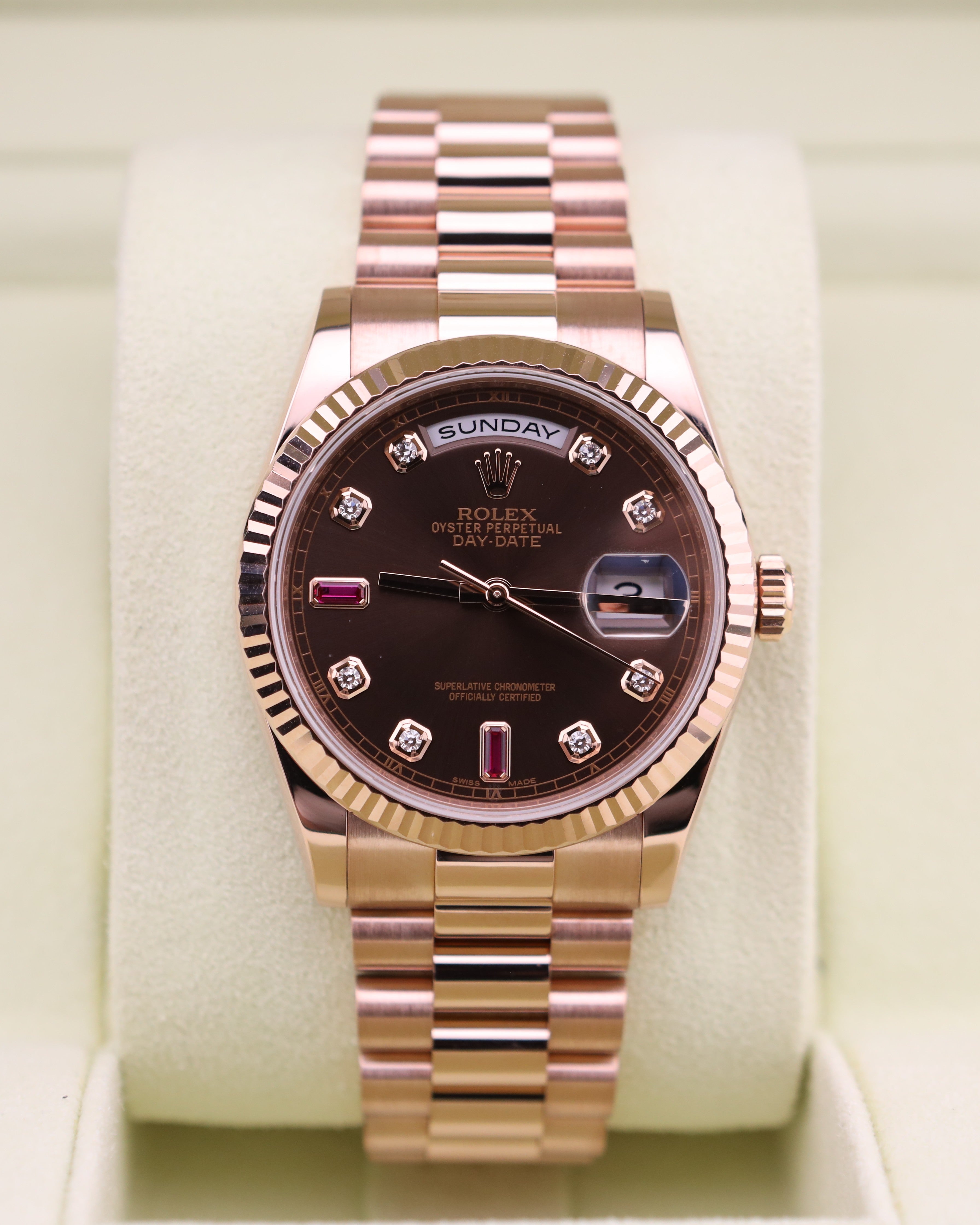 Rolex Day-Date 36 President Chocolate Ruby Diamond Dial 118235 18k Rose Gold