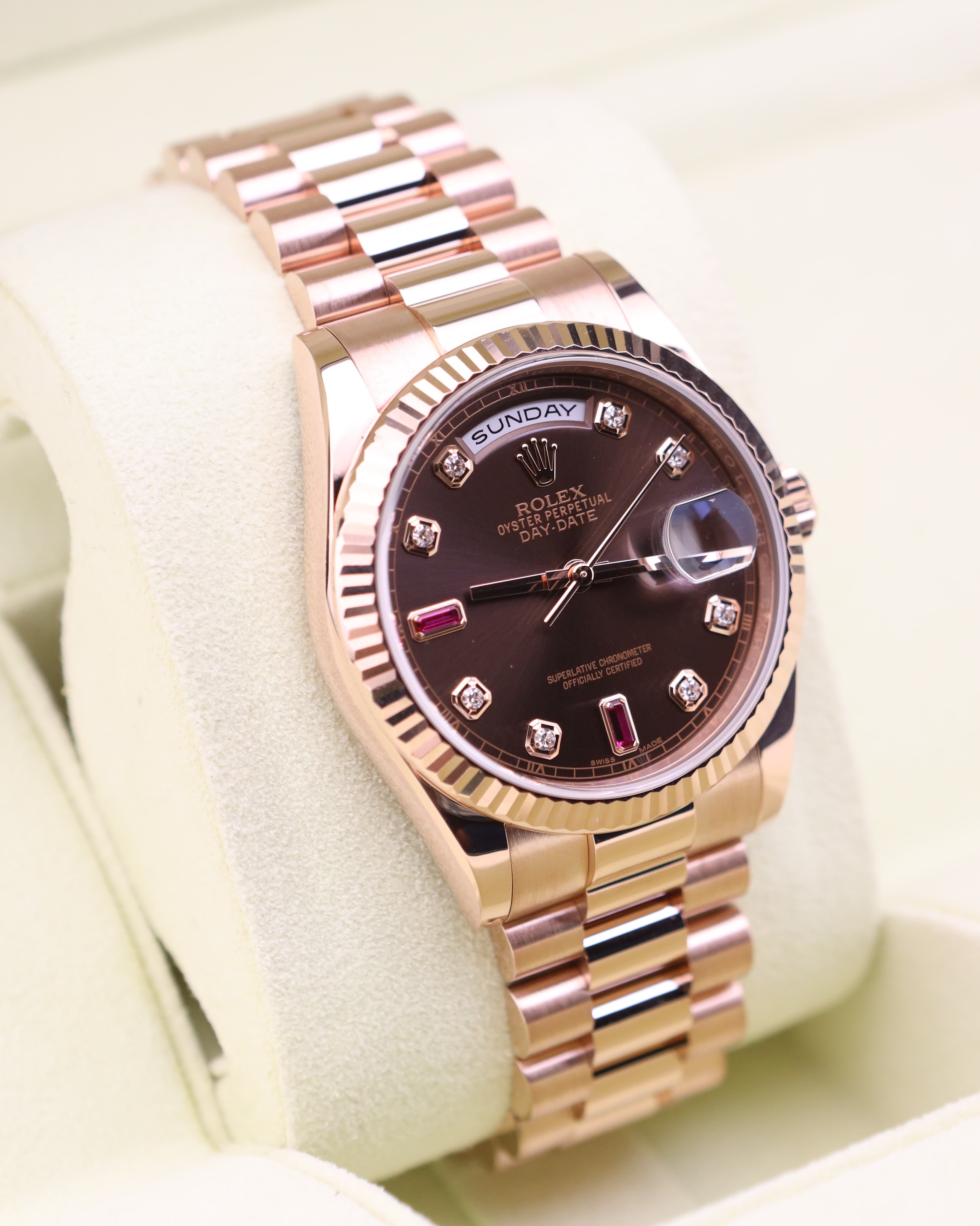 Rolex Day-Date 36 President Chocolate Ruby Diamond Dial 118235 18k Rose Gold