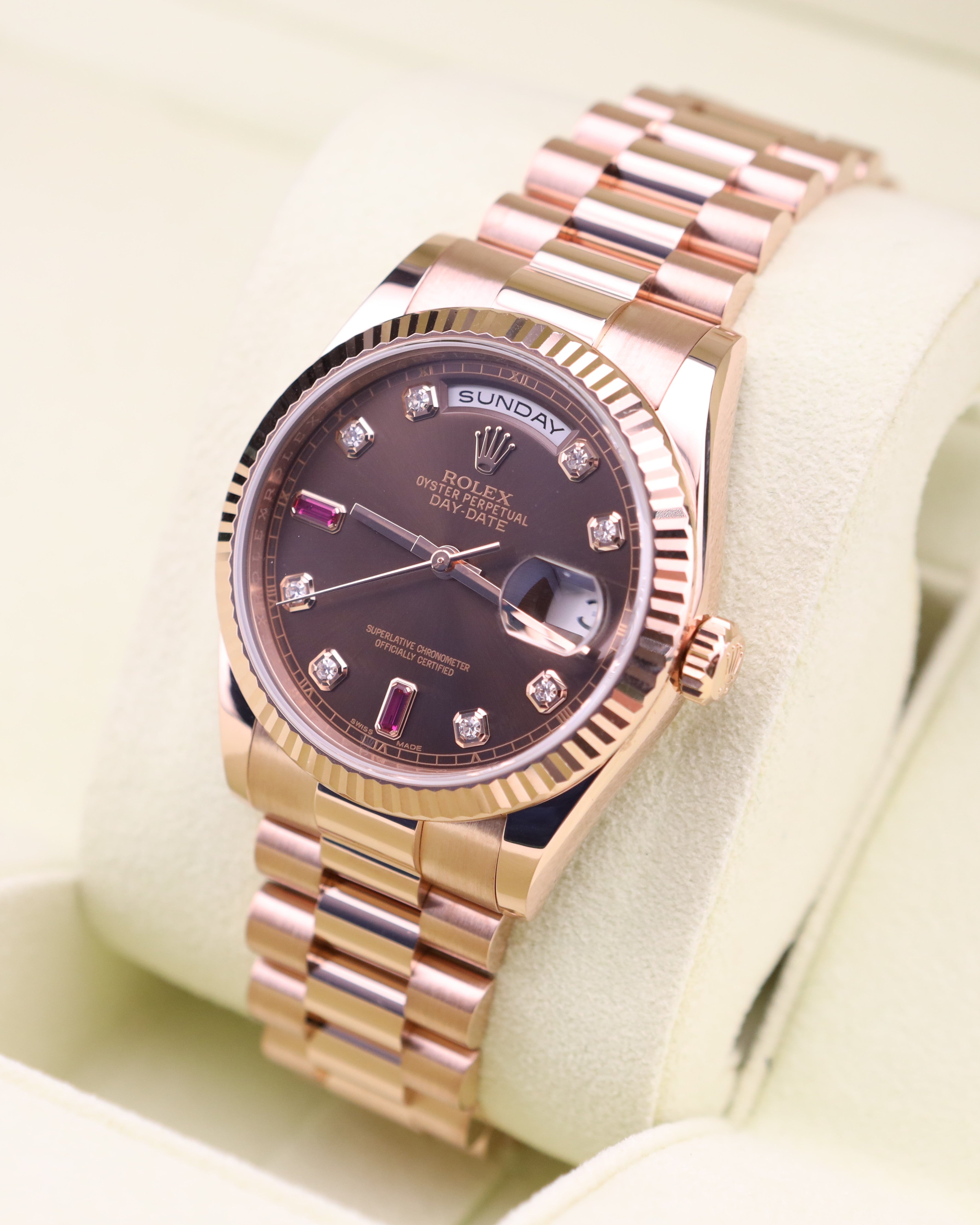 Rolex Day-Date 36 President Chocolate Ruby Diamond Dial 118235 18k Rose Gold