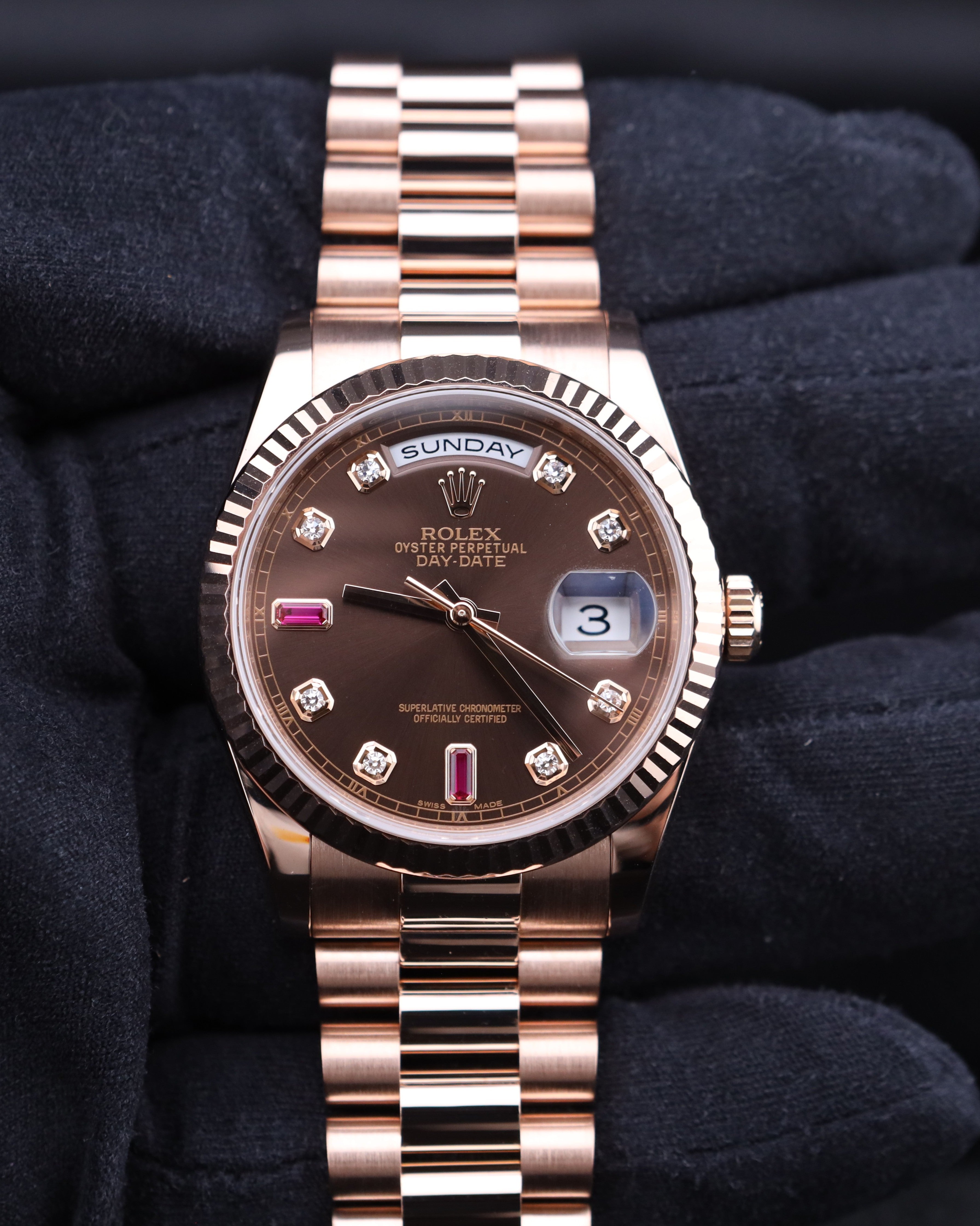Rolex Day-Date 36 President Chocolate Ruby Diamond Dial 118235 18k Rose Gold