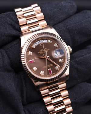 Rolex Day-Date 36 President Chocolate Ruby Diamond Dial 118235 18k Rose Gold
