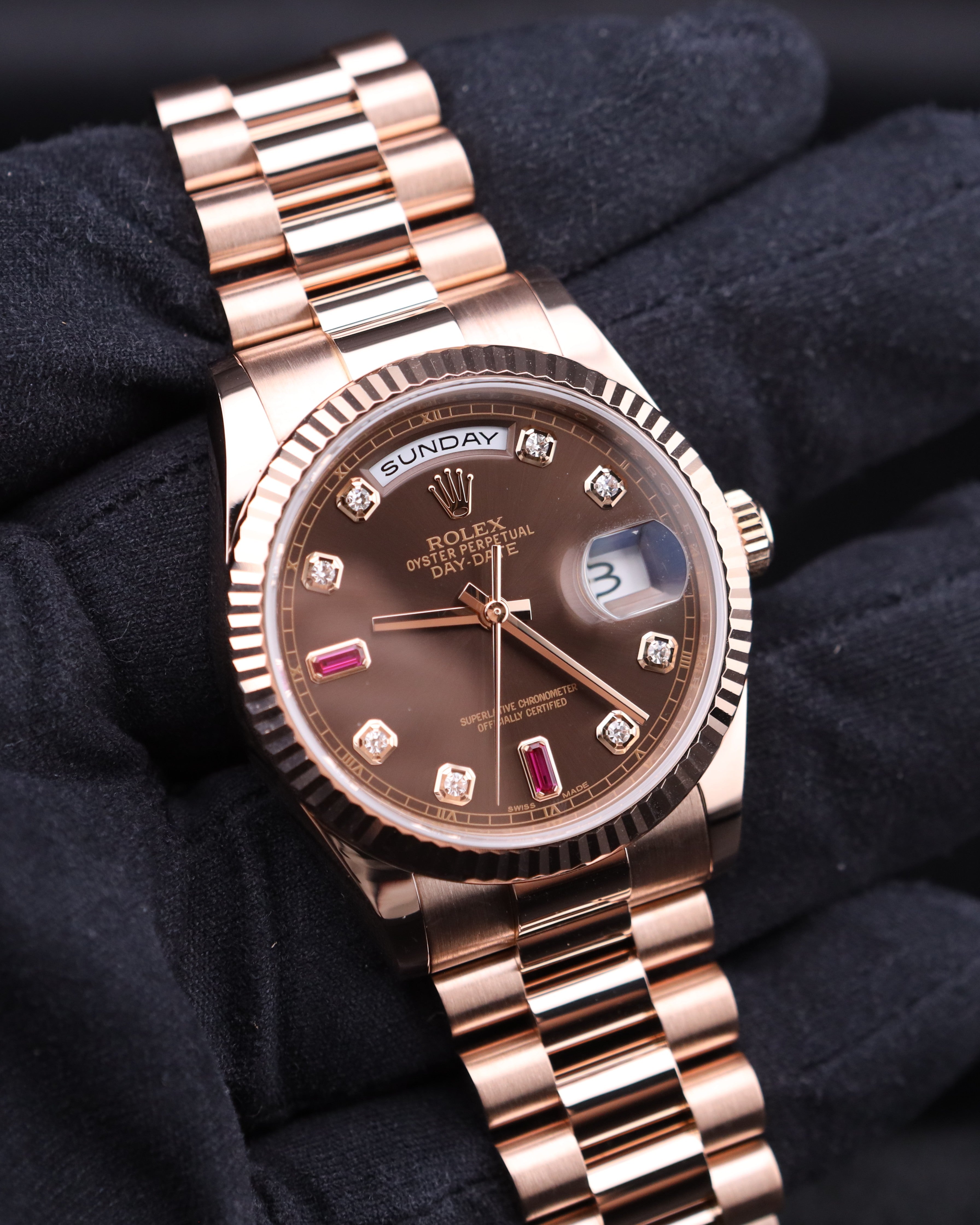 Rolex Day-Date 36 President Chocolate Ruby Diamond Dial 118235 18k Rose Gold