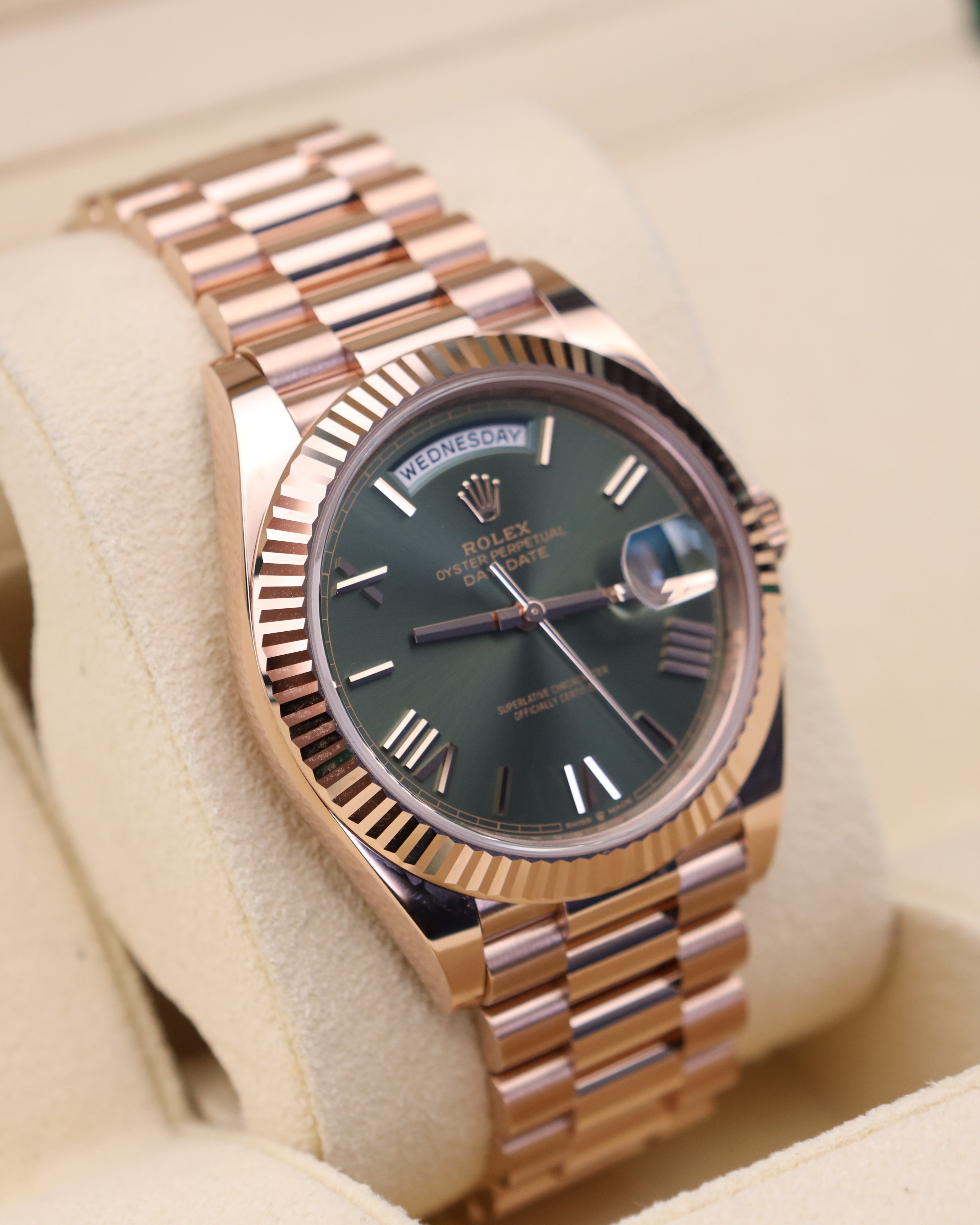 Rolex Day-Date 40 Olive Green Dial Rose Gold Presidential 228235 - 2025