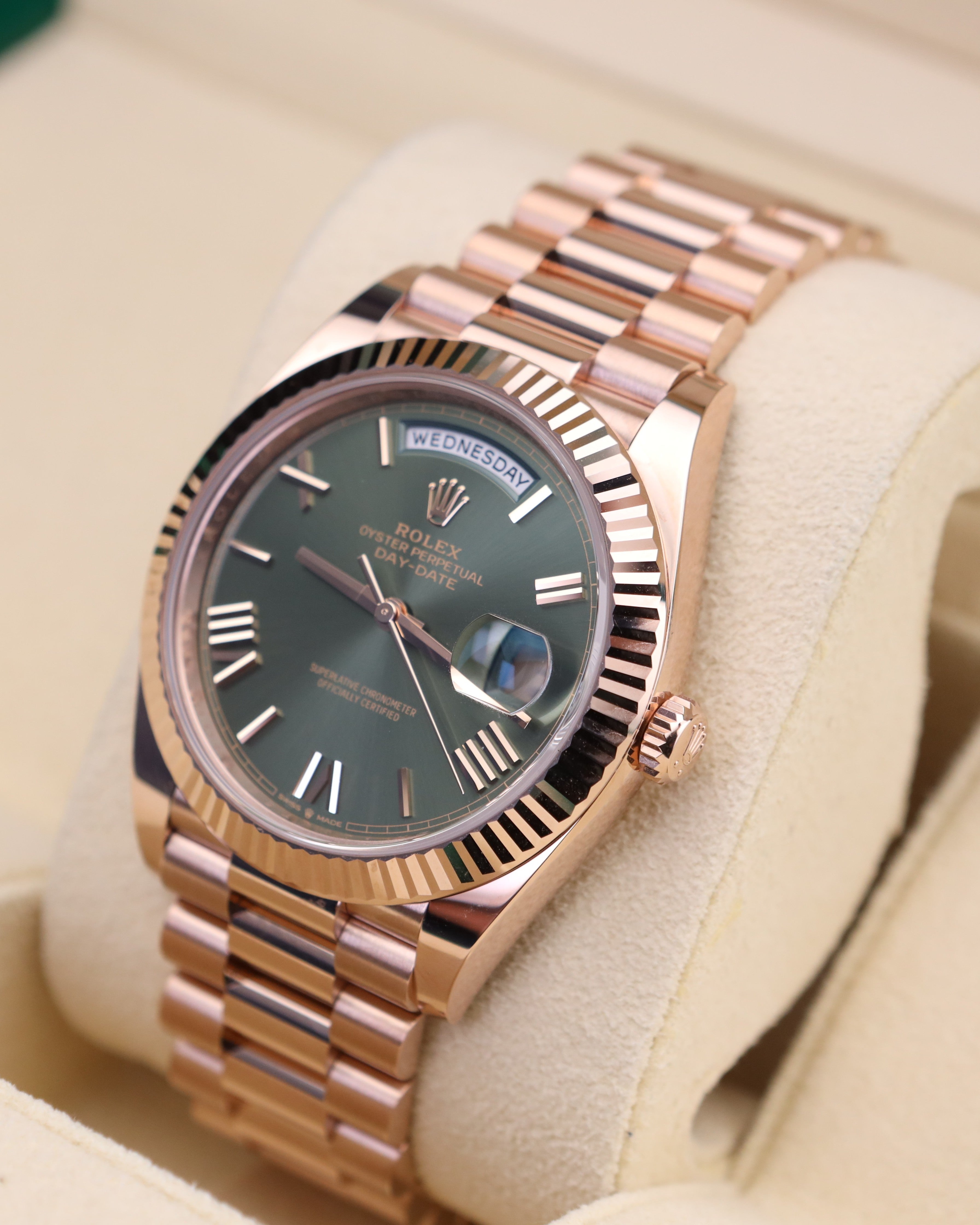 Rolex Day-Date 40 Olive Green Dial Rose Gold Presidential 228235 - 2025