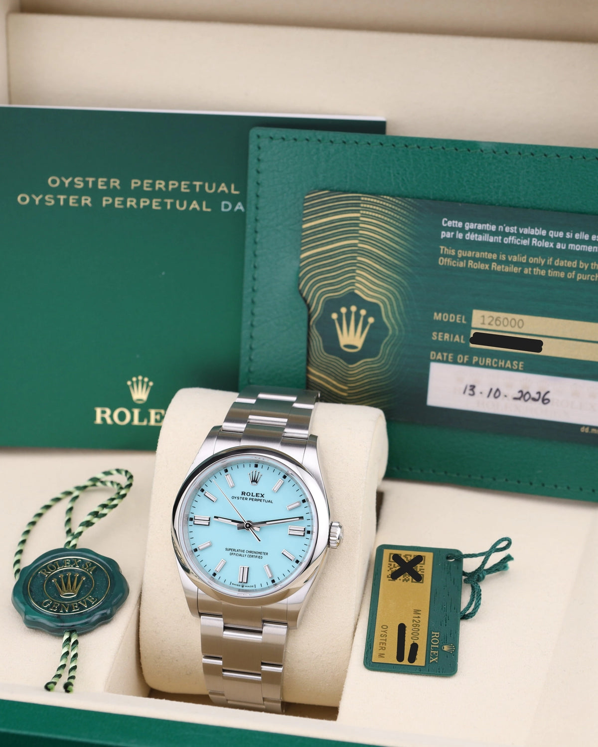 Rolex Oyster Perpetual 36 Turquoise Blue Index Dial on Oyster 126000