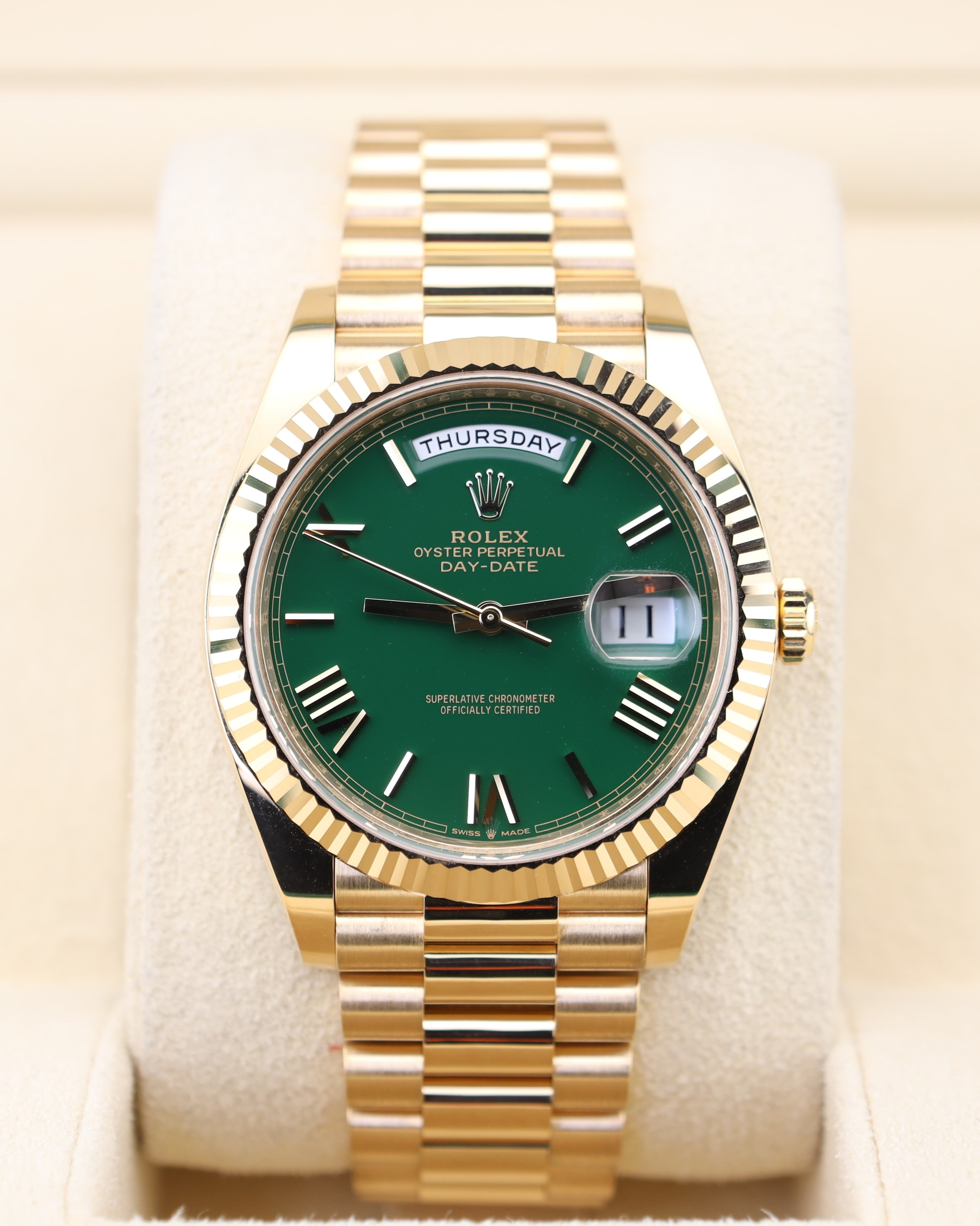 Rolex Day-Date 40 Money Green Roman Dial Presidential 228238 – MVP