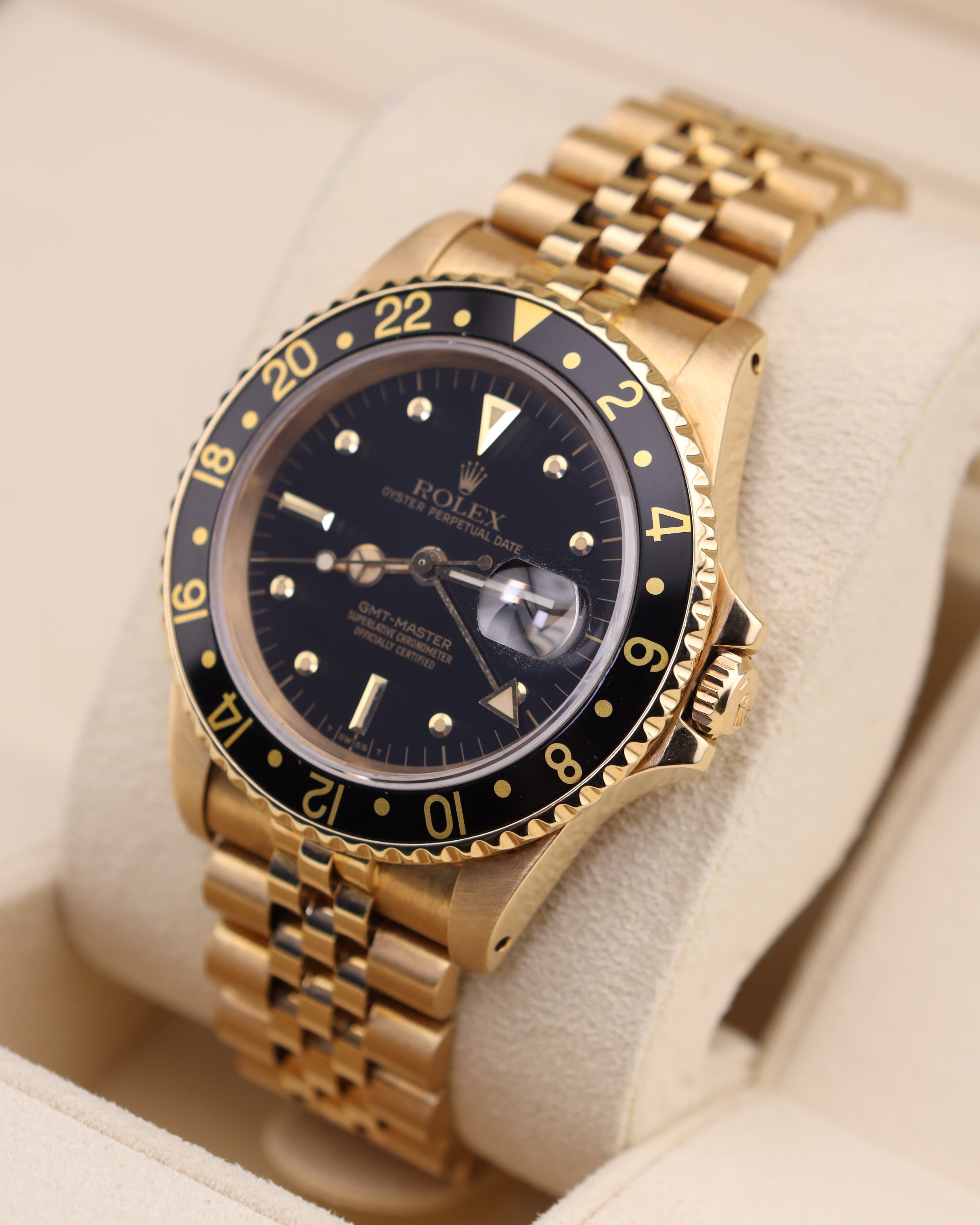 Rolex GMT-Master Black Nipple Dial 18k Yellow Gold Jubilee 16758 Vintage 40mm