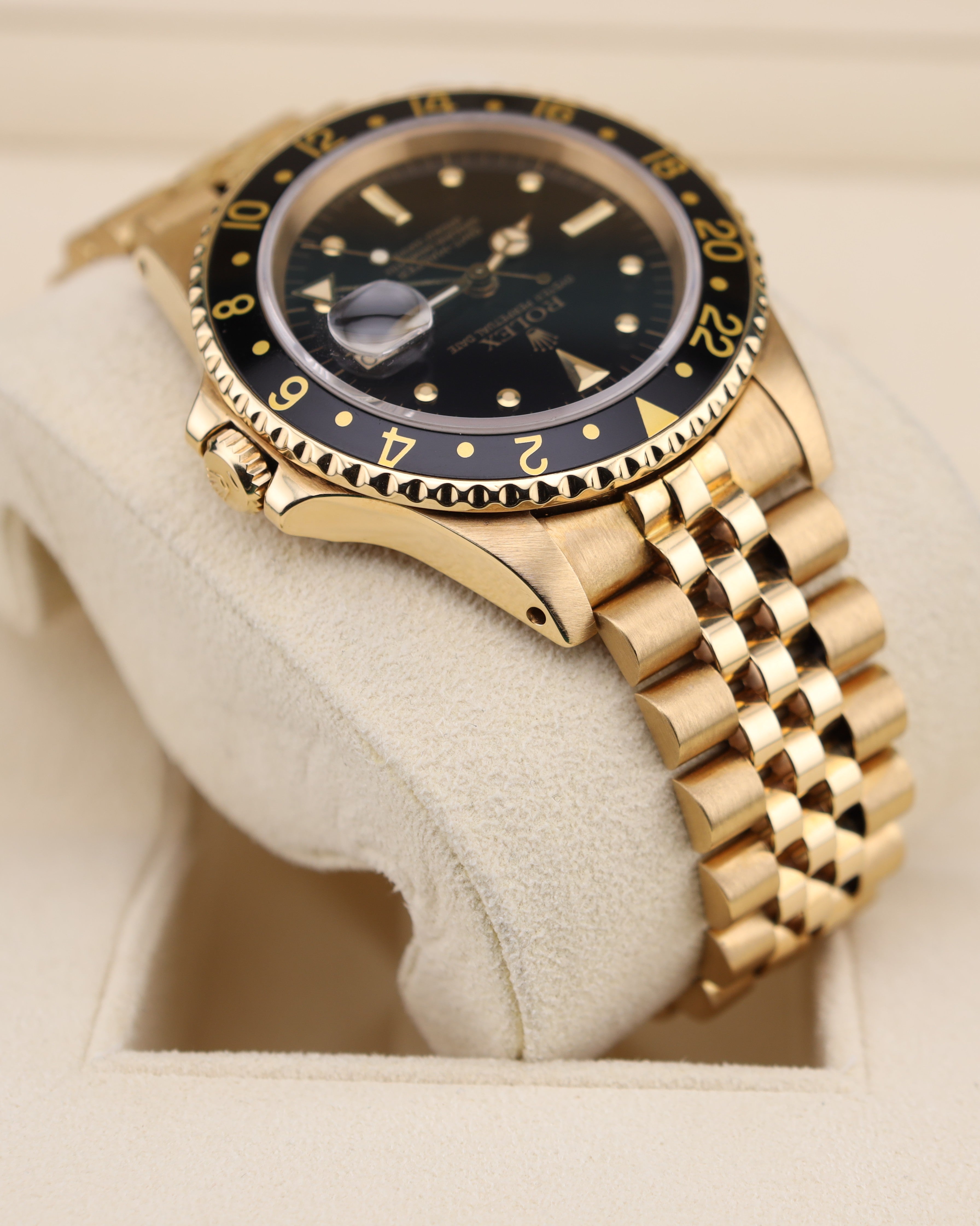 Rolex GMT-Master Black Nipple Dial 18k Yellow Gold Jubilee 16758 Vintage 40mm