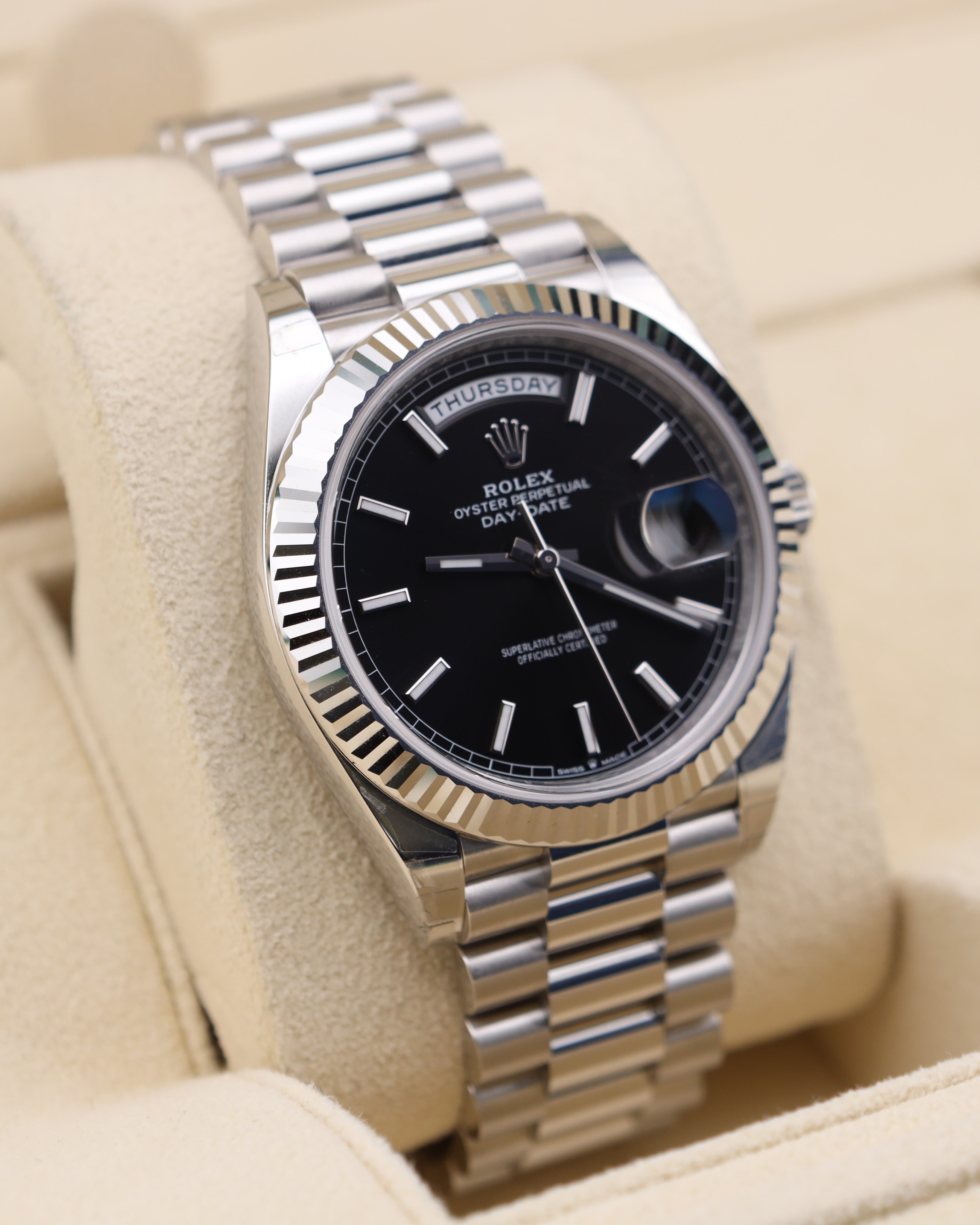 Rolex Day-Date 40 Platinum Black Dial FACTORY STICKERS 228236
