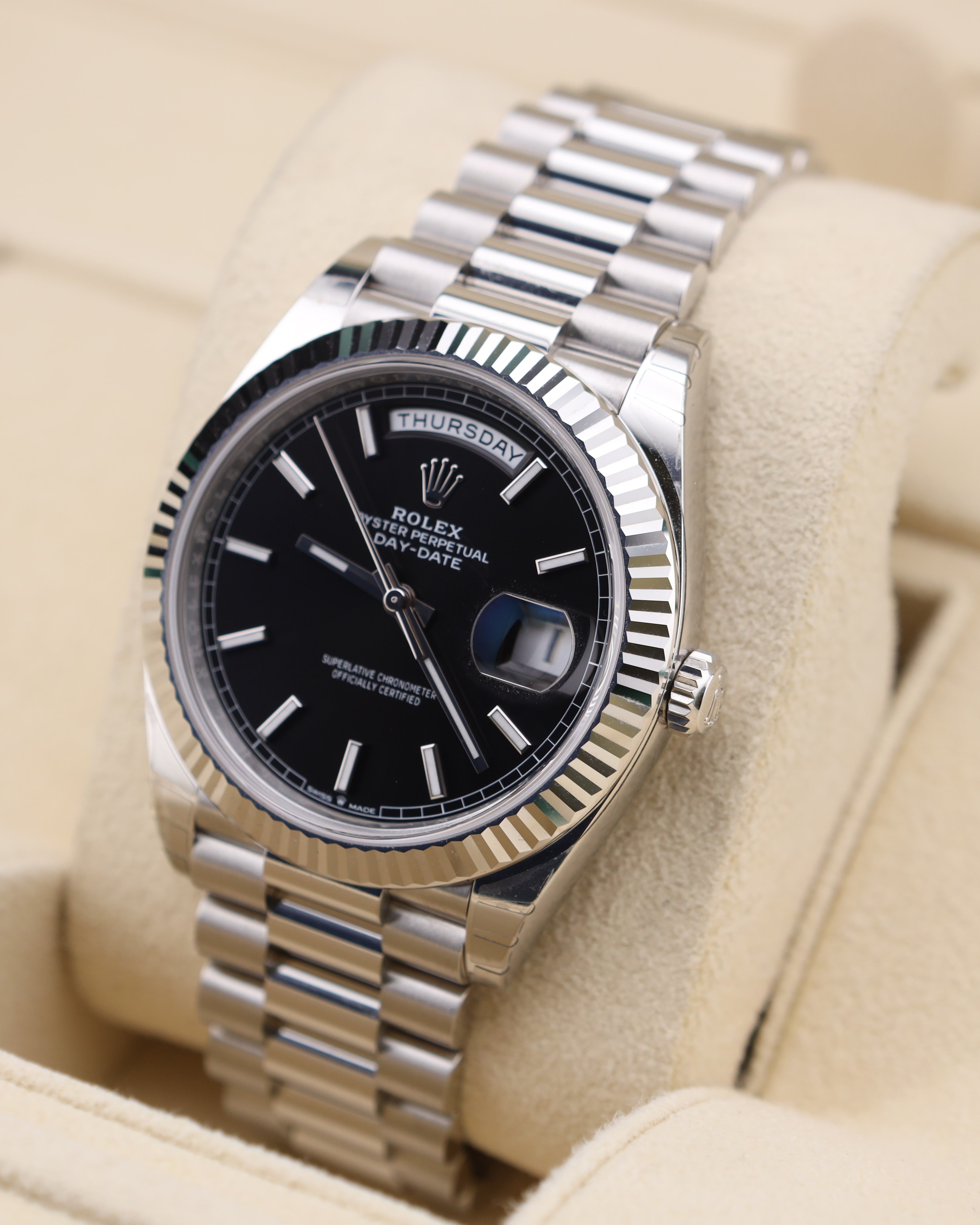 Rolex Day-Date 40 Platinum Black Dial FACTORY STICKERS 228236