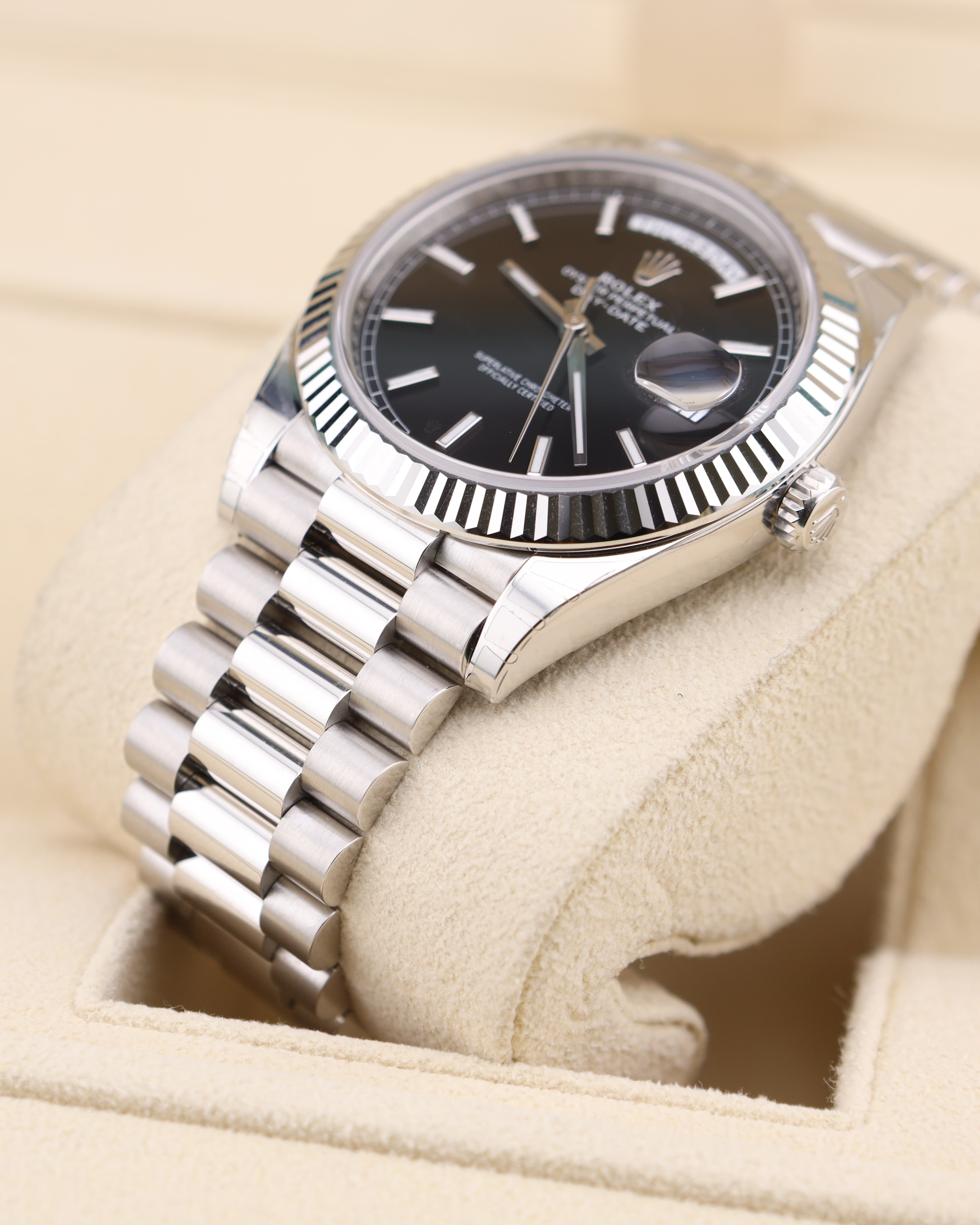 Rolex Day-Date 40 Platinum Black Dial FACTORY STICKERS 228236