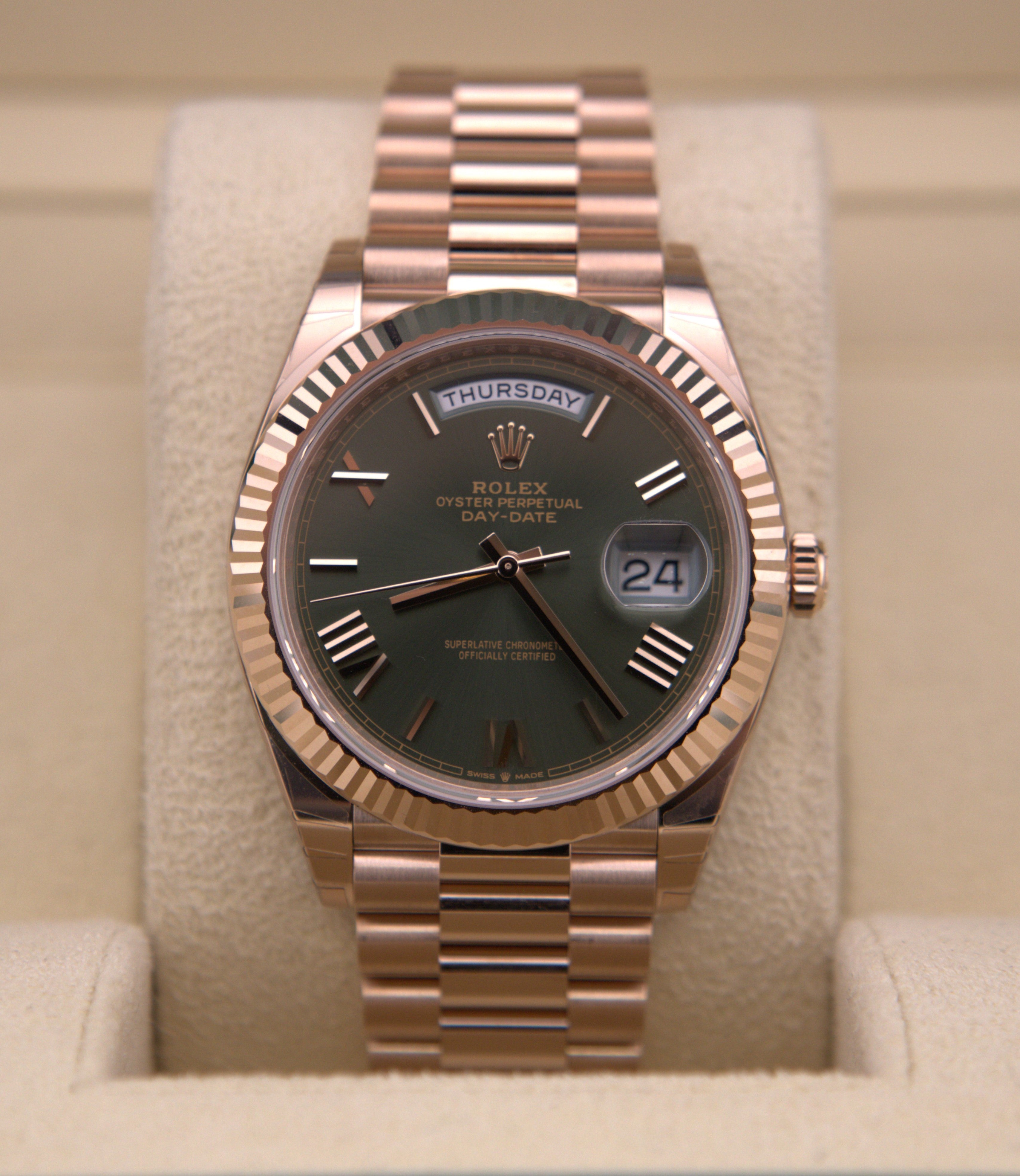 New Fully Stickered Rolex Day-Date 40 Presidential Olive Rose Gold 228235