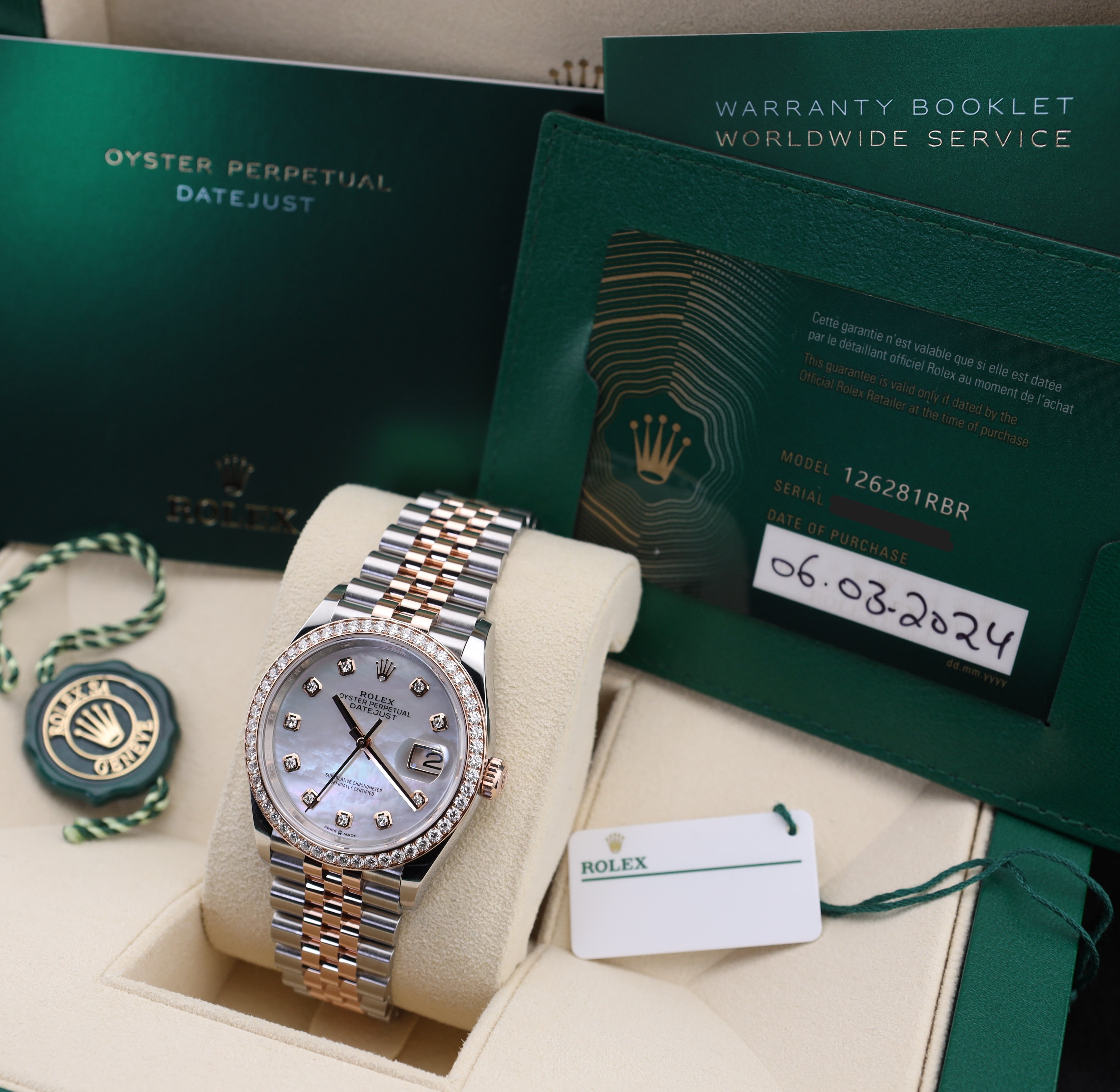 Rolex Datejust 36mm MOP Diamond Dial Two Tone Rose Gold on Jubilee 126281RBR Mother of Pearl