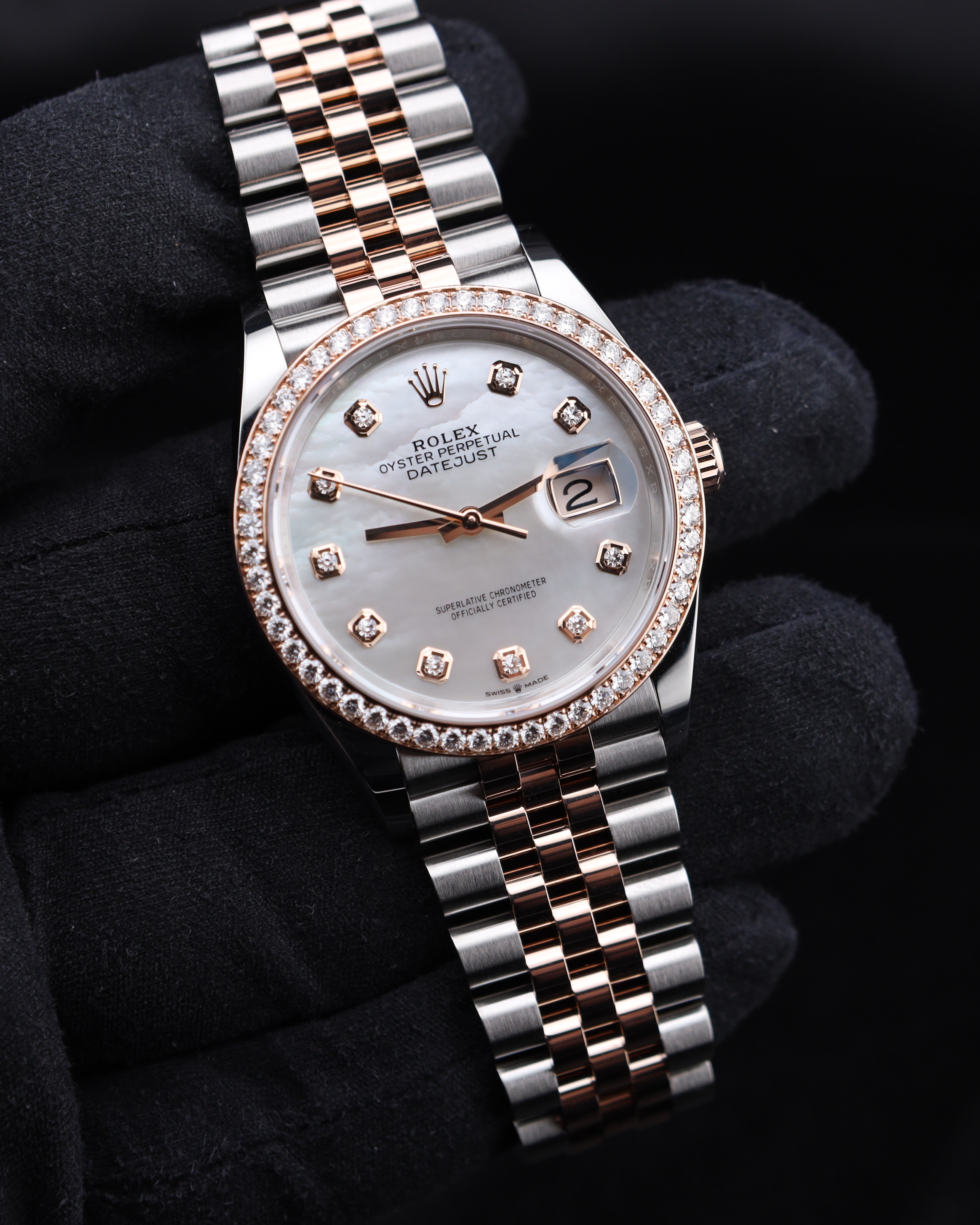 Rolex Datejust 36mm MOP Diamond Dial Two Tone Rose Gold on Jubilee 126281RBR Mother of Pearl