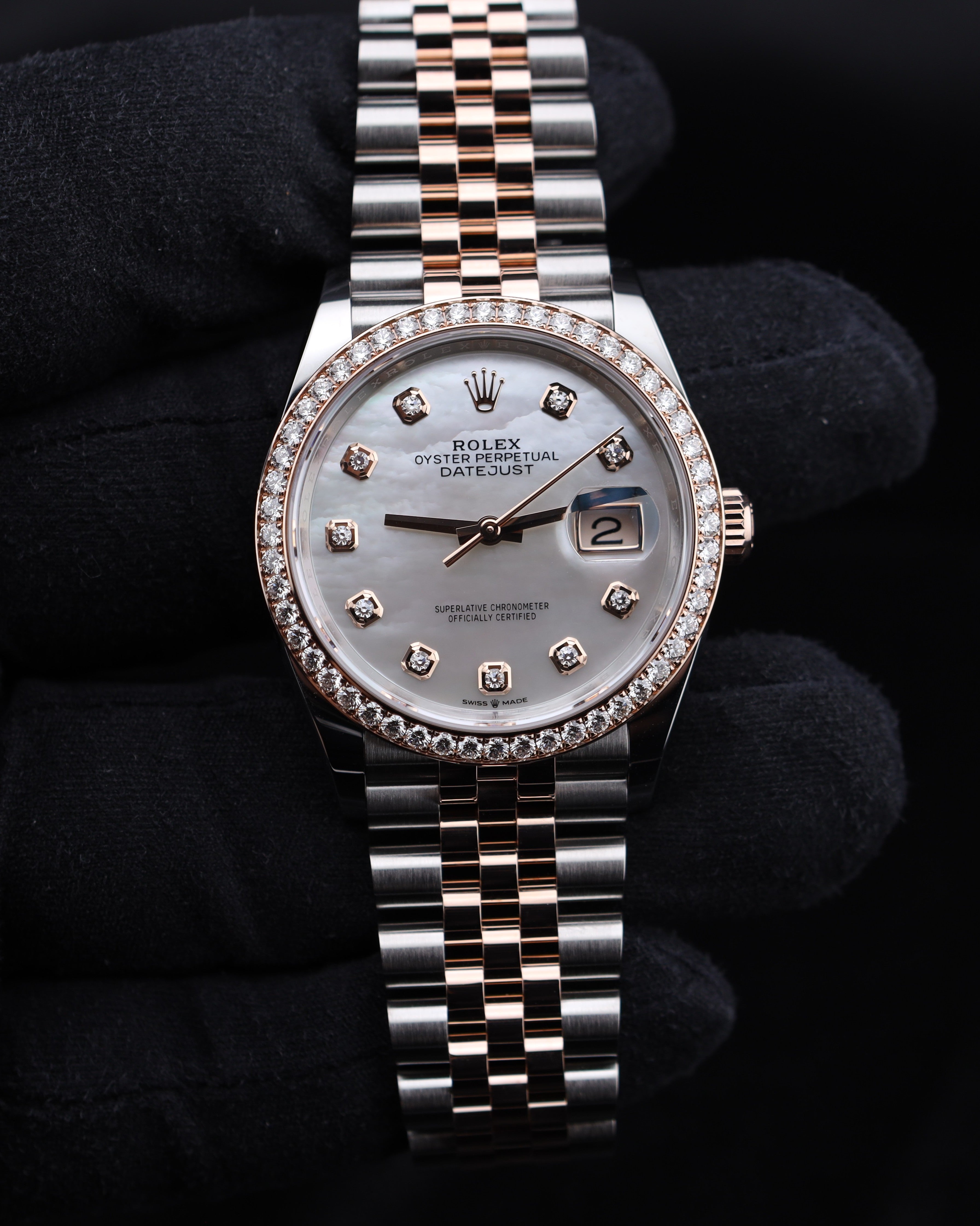 Rolex Datejust 36mm MOP Diamond Dial Two Tone Rose Gold on Jubilee 126281RBR Mother of Pearl
