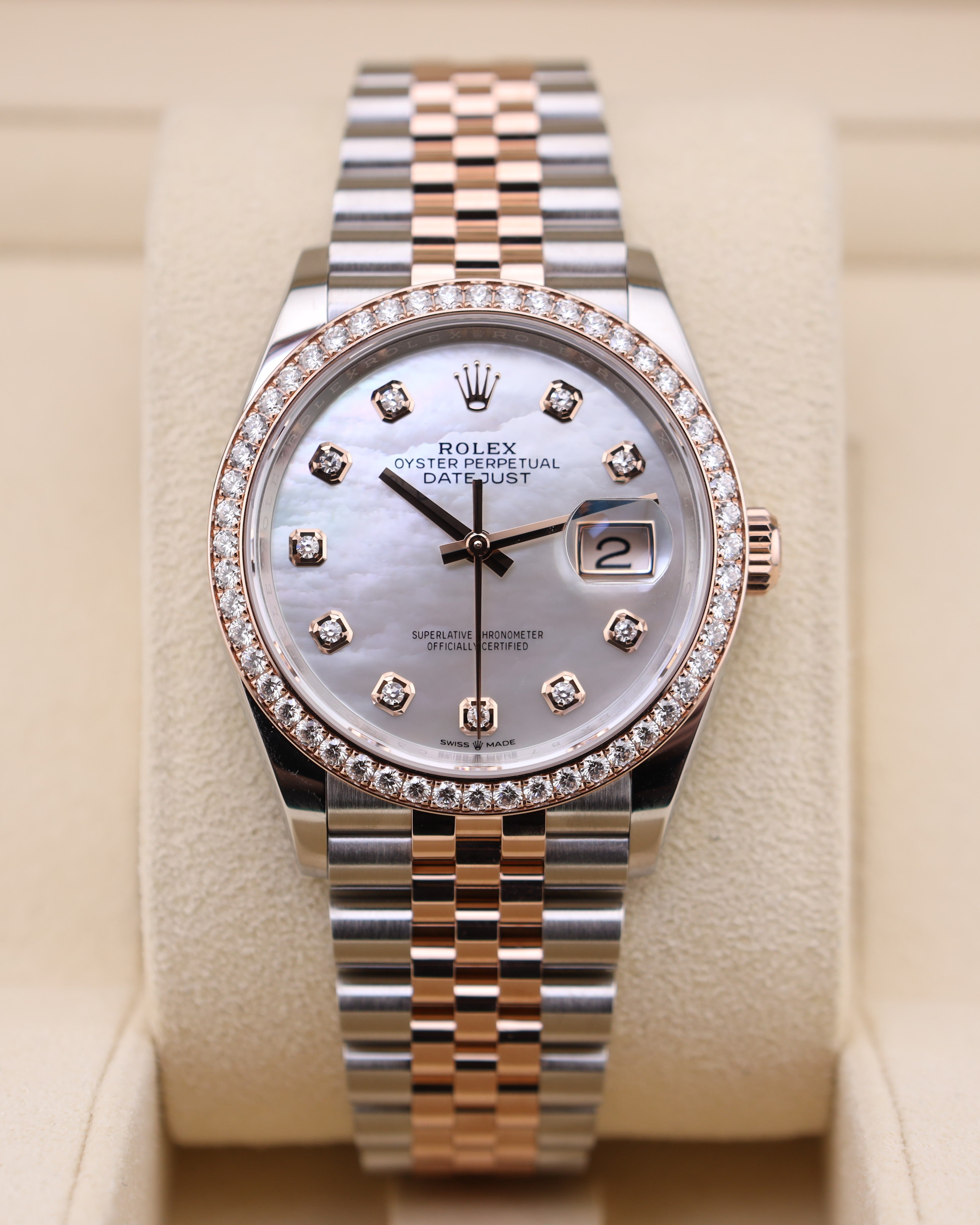 Rolex Datejust 36mm MOP Diamond Dial Two Tone Rose Gold on Jubilee