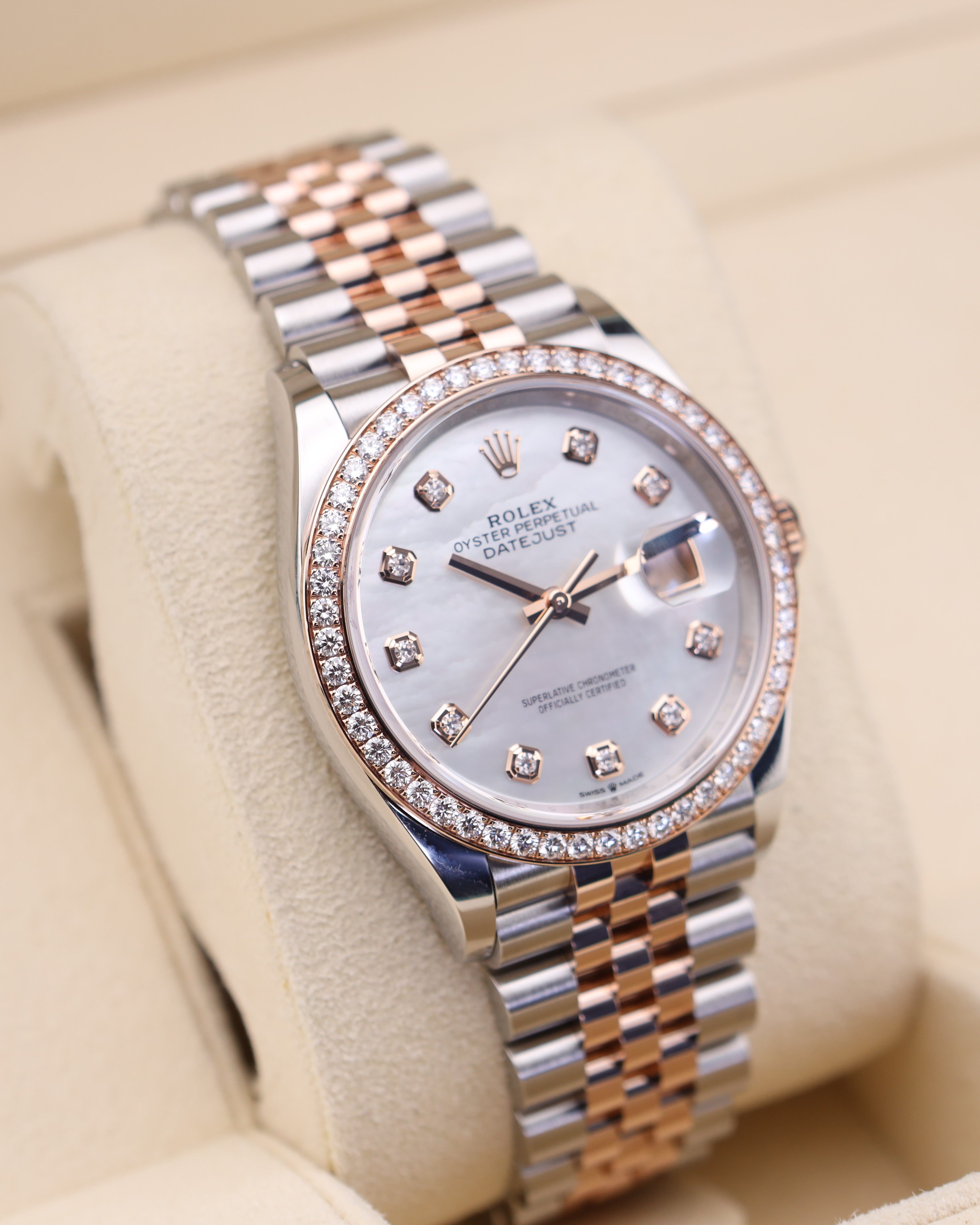 Rolex Datejust 36mm MOP Diamond Dial Two Tone Rose Gold on Jubilee 126281RBR Mother of Pearl