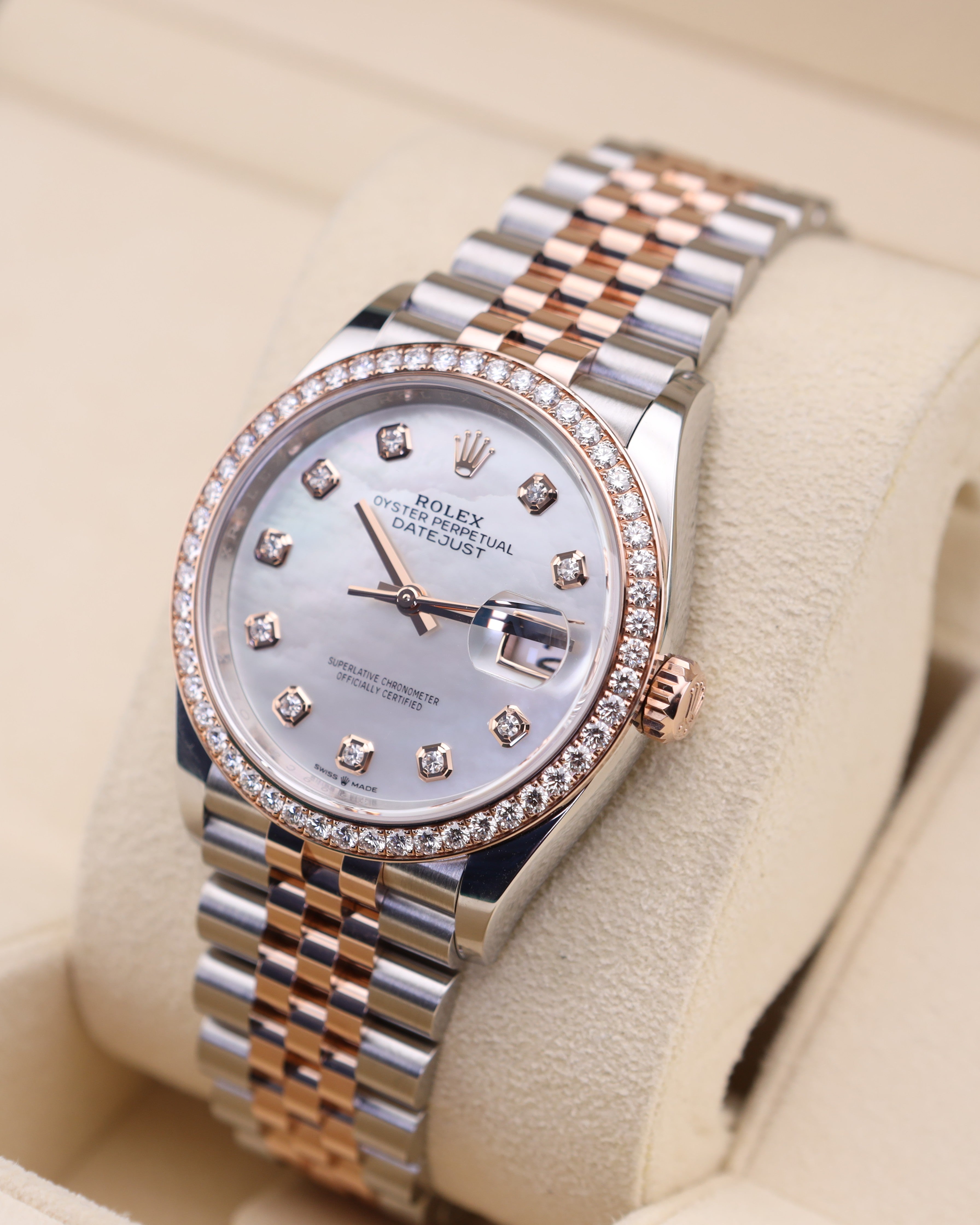 Rolex Datejust 36mm MOP Diamond Dial Two Tone Rose Gold on Jubilee 126281RBR Mother of Pearl